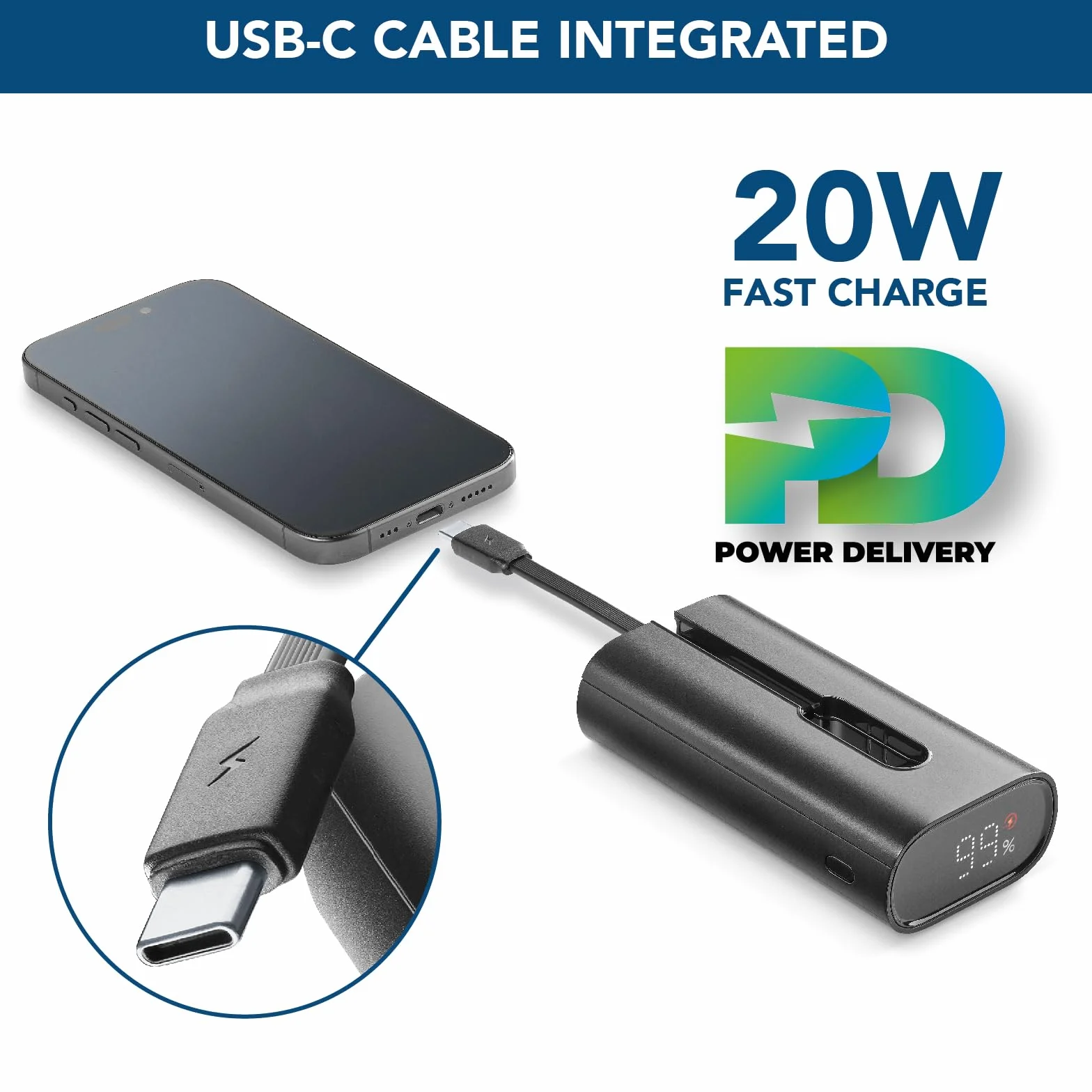 Cellularline Lin-C - Powerbank 10000 mAh - wbudowany kabel USB-C - USB-C port IN/OUT 20 W PD - czarny