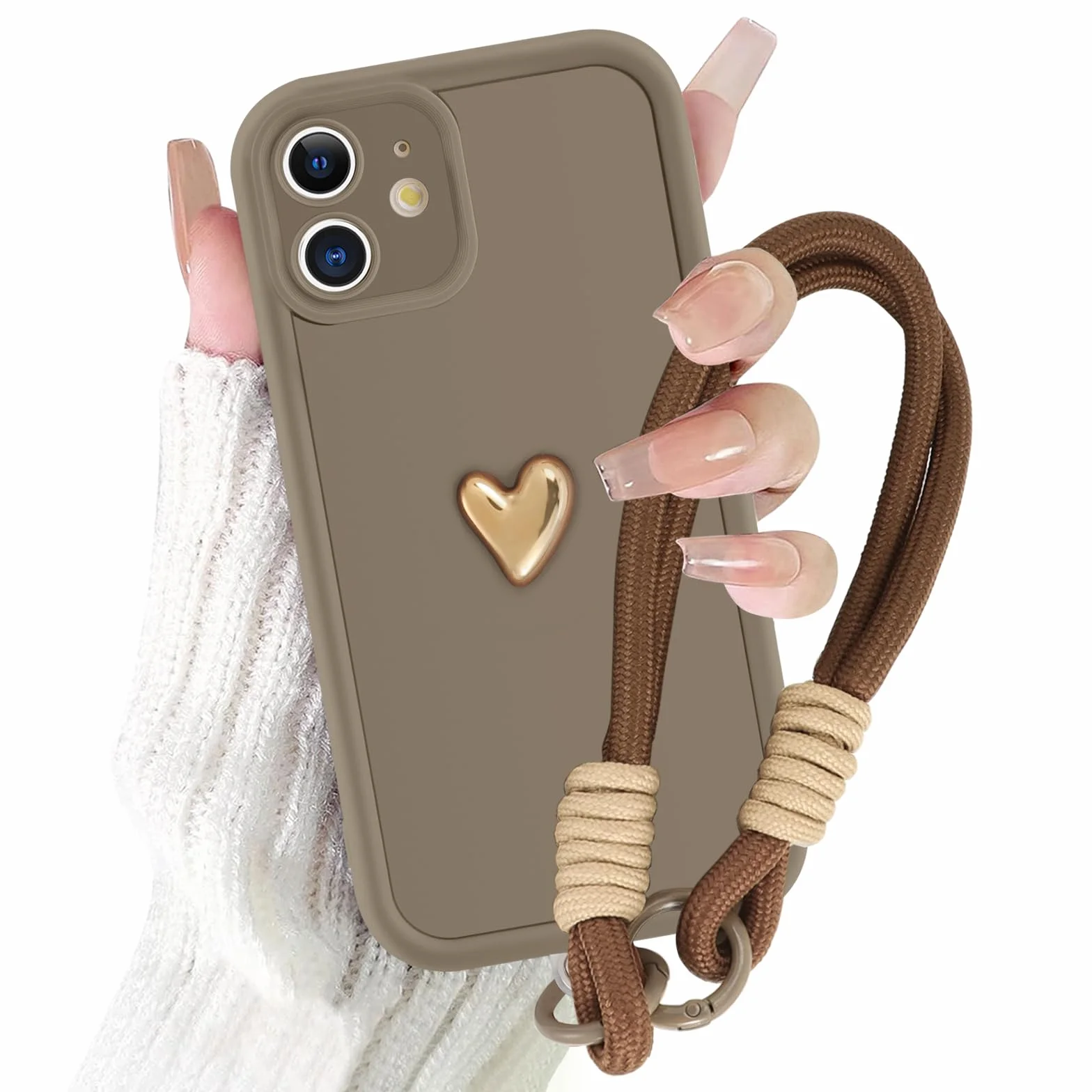 Kueqeay Etui ze smyczą do iPhone'a 11 6,1 cala, miękki silikon estetyczny wzór miłość 3D wzory, uniwersalny regulowany naszyjnik, odporny na wstrząsy futerał ochronny na aparat, brązowy