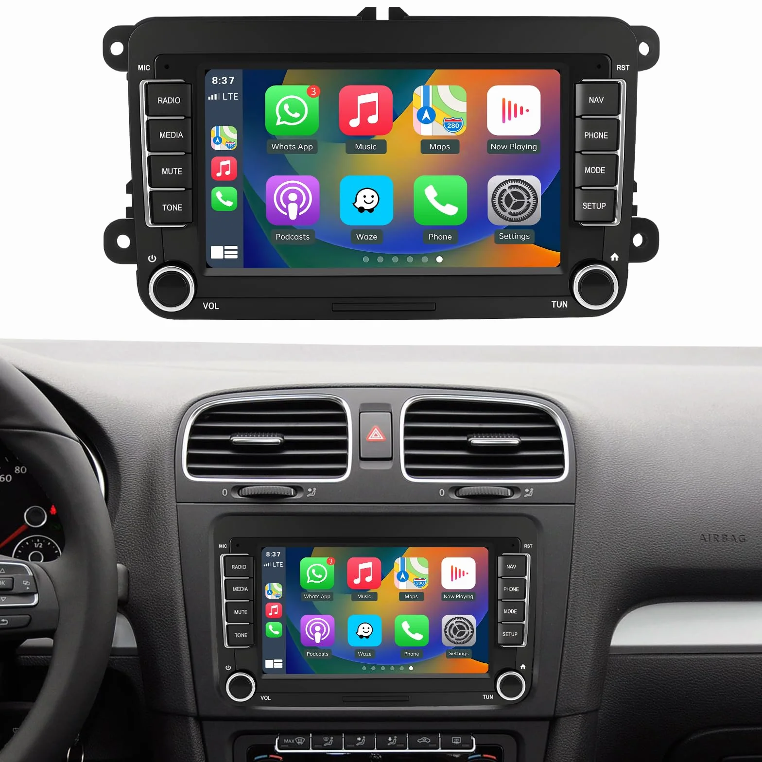 Road Top Ekran CarPlay, 7-calowy ekran dotykowy Linux Autoradio dla VW/Volkswagen/Skoda/Seat, Odbiornik radiowy z Wireless CarPlay/Android Auto/Mirrorlink, z Siri/Nawigacja Multimedia Stereo