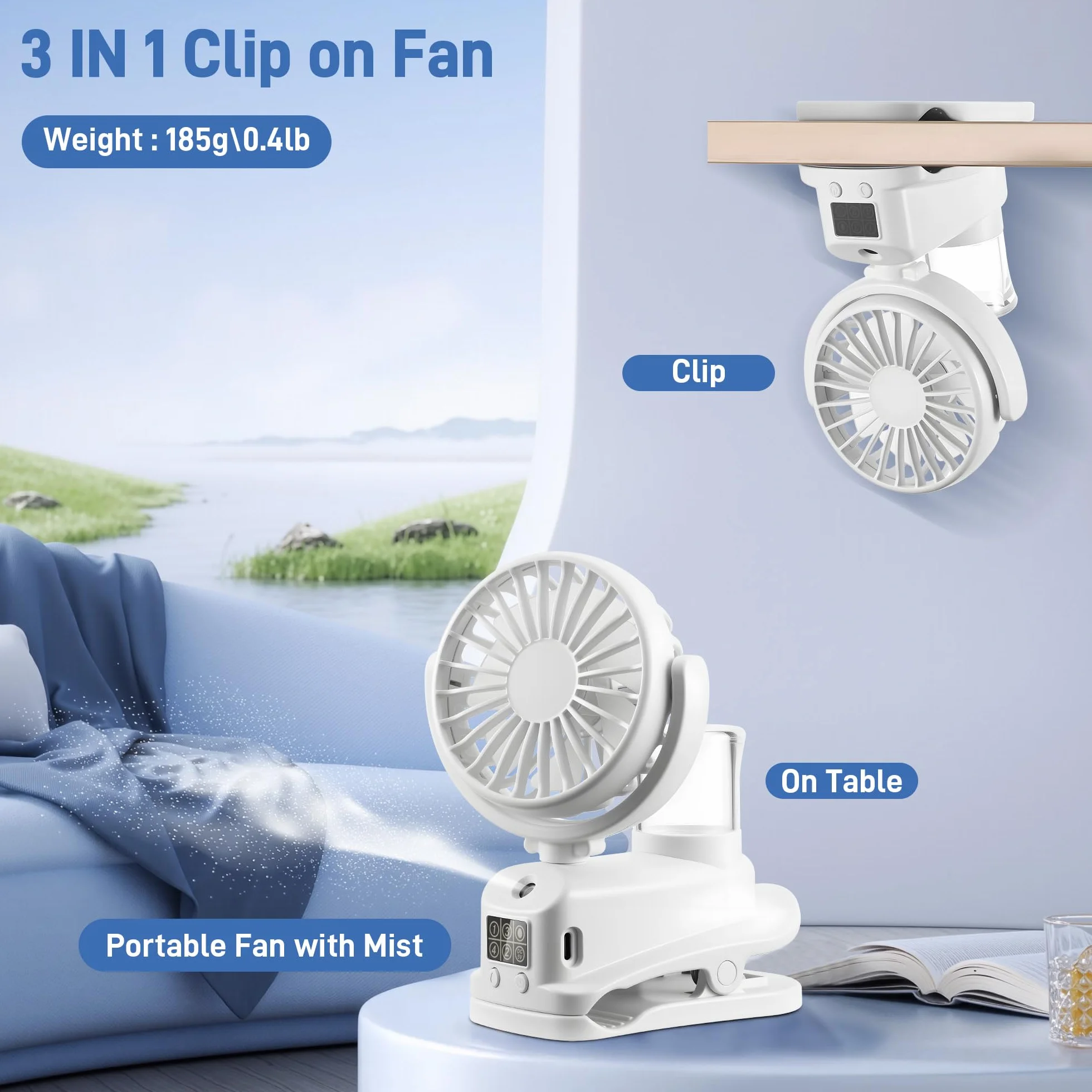 Wentylator stołowy, cichy, 4 prędkości, mały wentylator do wózka dziecięcego, obracany o 360° wentylator USB-C z klipsem, mini wentylator z chłodzeniem wodnym, przenośny wentylator stołowy, akumulator