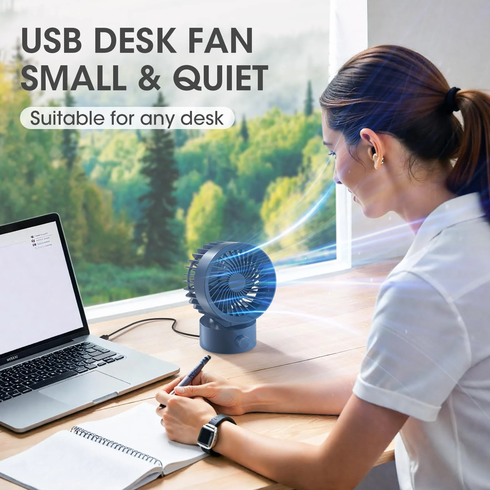 USB Desk Fan Small Quiet, Stepless Speed Flexible Adjust Mini Fans for Home Office Dorm Desktop, Portable Travel Fan Personal Cooling, Plug In USB Powered, Blue