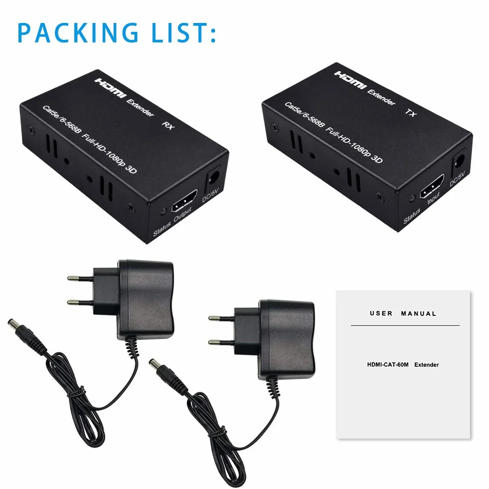 Przedłużacz HDMI 200 ft HDMI na RJ45 Ethernet przez kabel Cat5e/Cat6 Transmisja nadajnika HDMi obsługuje 1080P 3D HDCP EDID POC (wymaga zasilania tylko dla nadajnika)