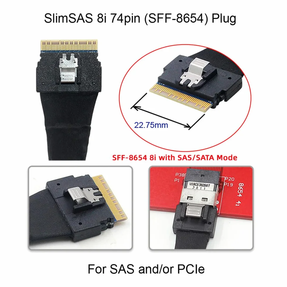 SlimSAS Host/RAID do SATA Target, Slim SAS 4.0 SFF-8654 8i 74pin 1 do 8 SATA 7-pinowy kontroler Raid / kabel dysku twardego 1,64 ft/0,5 m