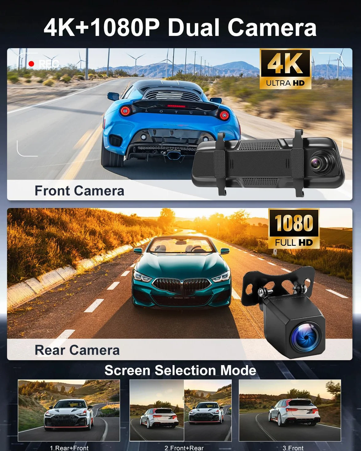 NHOPEEW Kamera samochodowa 4K z tylną kamerą 1080P | WiFi, nagrywanie w pętli, czujnik G, monitor parkowania 24H, kompensacja ekspozycji, ekran IPS 9,66"
