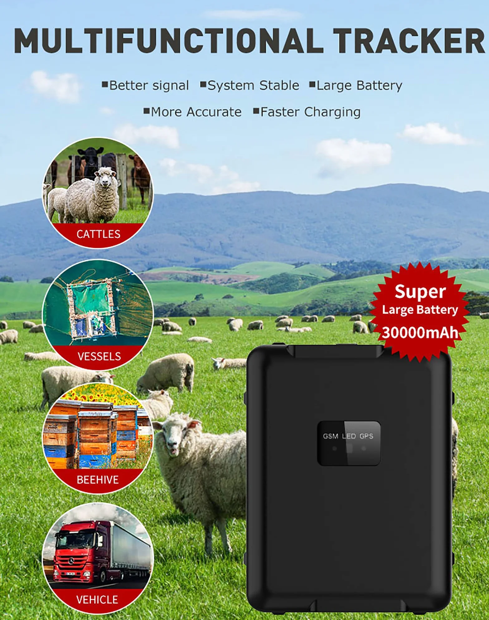 Lokalizator Zwierząt, 4G Słoneczny Lokalizator GPS Zabezpieczający Przed Kradzieżą Dla Owiec, Bydła, Koni, Bardzo Długi Czas Czuwania 30000 MAh, 90-dniowe Odtwarzanie Trasy Historycznej