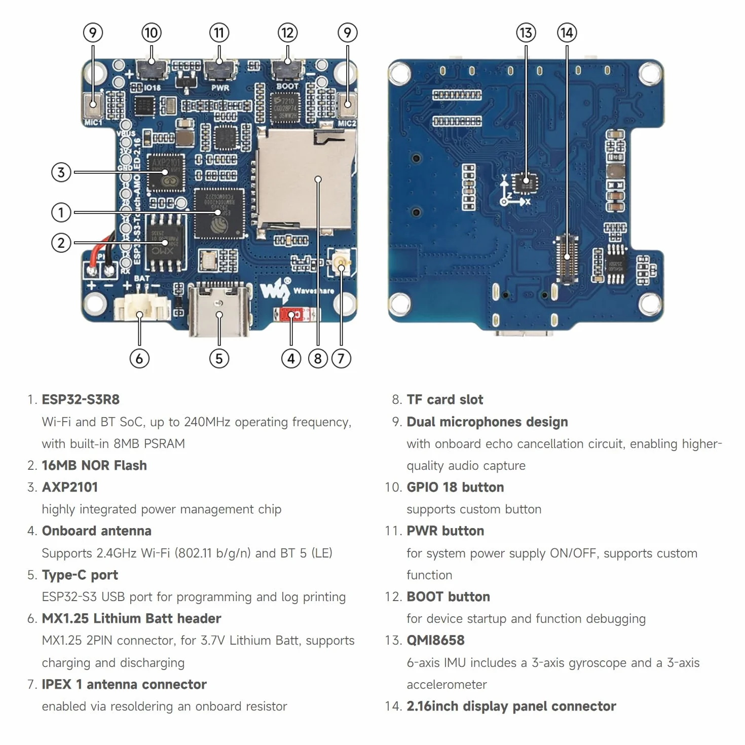 Waveshare ESP32-S3 2.16inch AMOLED Display Development Board, 480 x 480 Resolution, 16.7M Color, Supports Dual Microphones, 2.4GHz Wi-Fi And BLE 5, No Batt