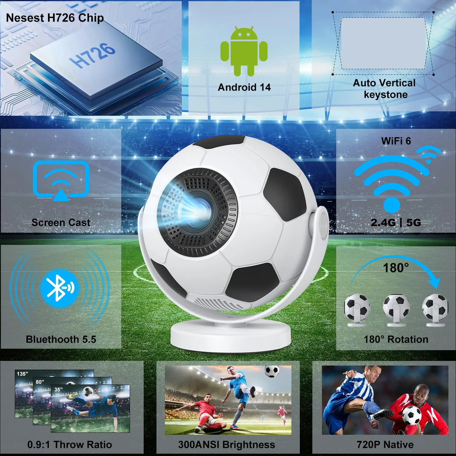 [Dedykowany projektor Mistrzostw Świata] Mini projektor, inteligentny projektor z WiFi 6 i Bluetooth 5.4, Android 14, obrót o 180°, przenośny projektor, kompatybilny z HDMI/TV Stick/laptopem