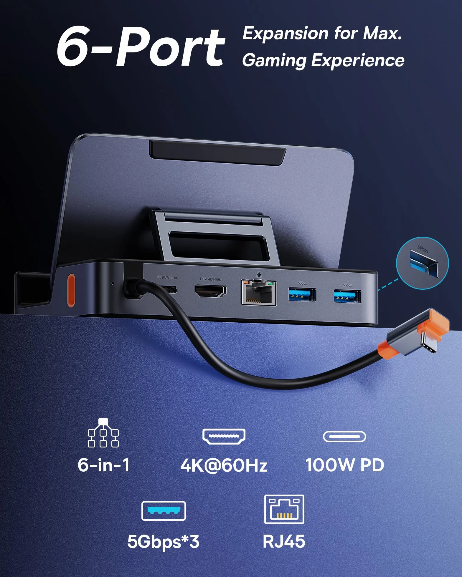 Baseus Stacja dokująca Steam, stacja dokująca 6 w 1 do pokładu Steam, USB C z HDMI 4K przy 60 Hz, 3 porty USB-A 3.0, regulowana konstrukcja stojaka i PD 100 W do szybkiego ładowania