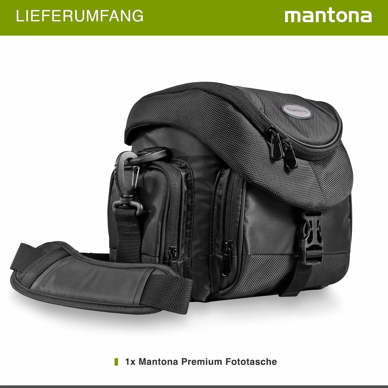 Mantona Torba na aparat Premium – uniwersalna torba z szybkim dostępem, ochrona przed kurzem, paskiem do noszenia i kieszenią na akcesoria, nadaje się do kamer DSLM i DSLR, czarna