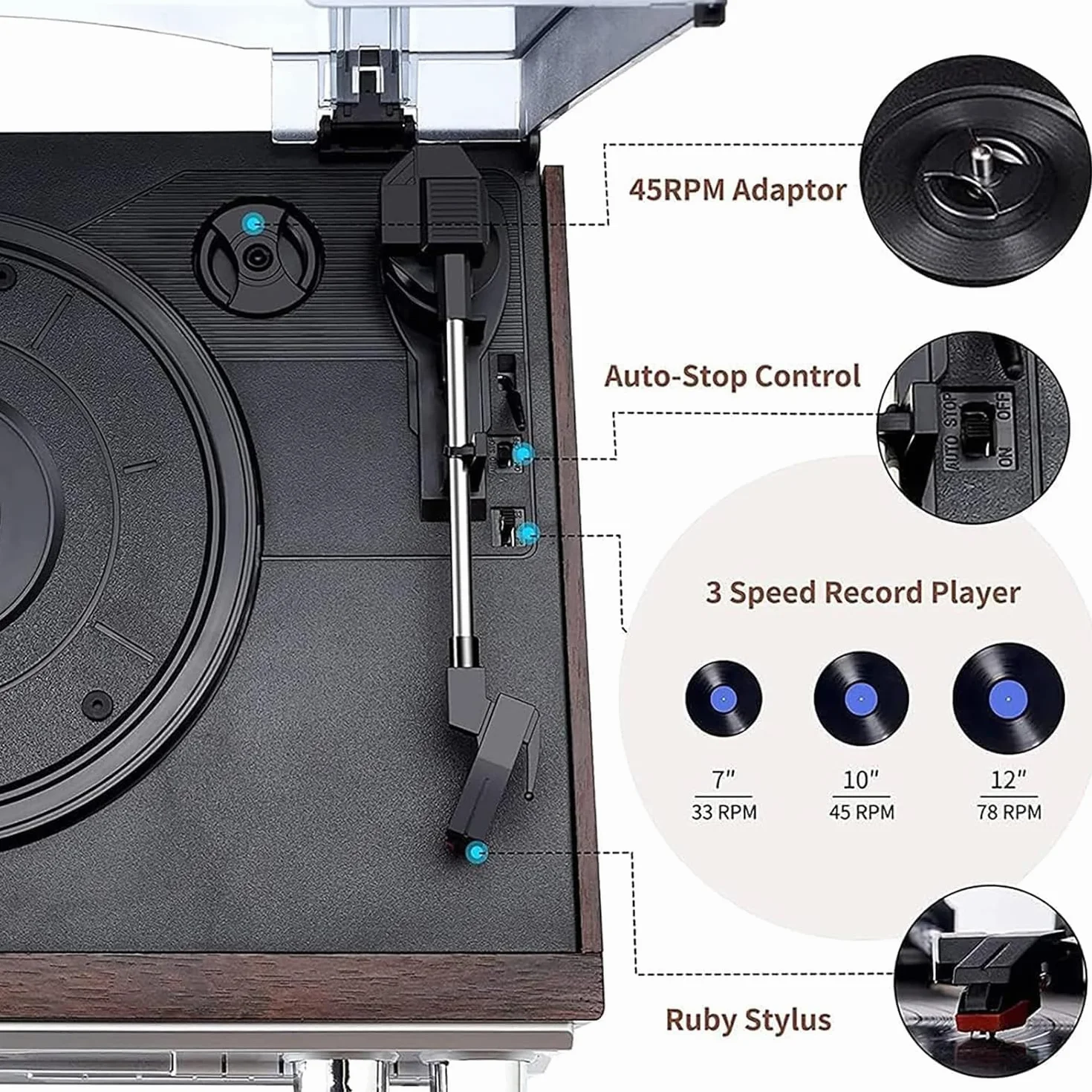 Odtwarzacz płyt winylowych i magnetofon kasetowy z Bluetooth, radiem FM, wbudowanymi głośnikami, USB, odtwarzaczem CD, 3-biegowym gramofonem vintage, osłona przeciwpyłowa