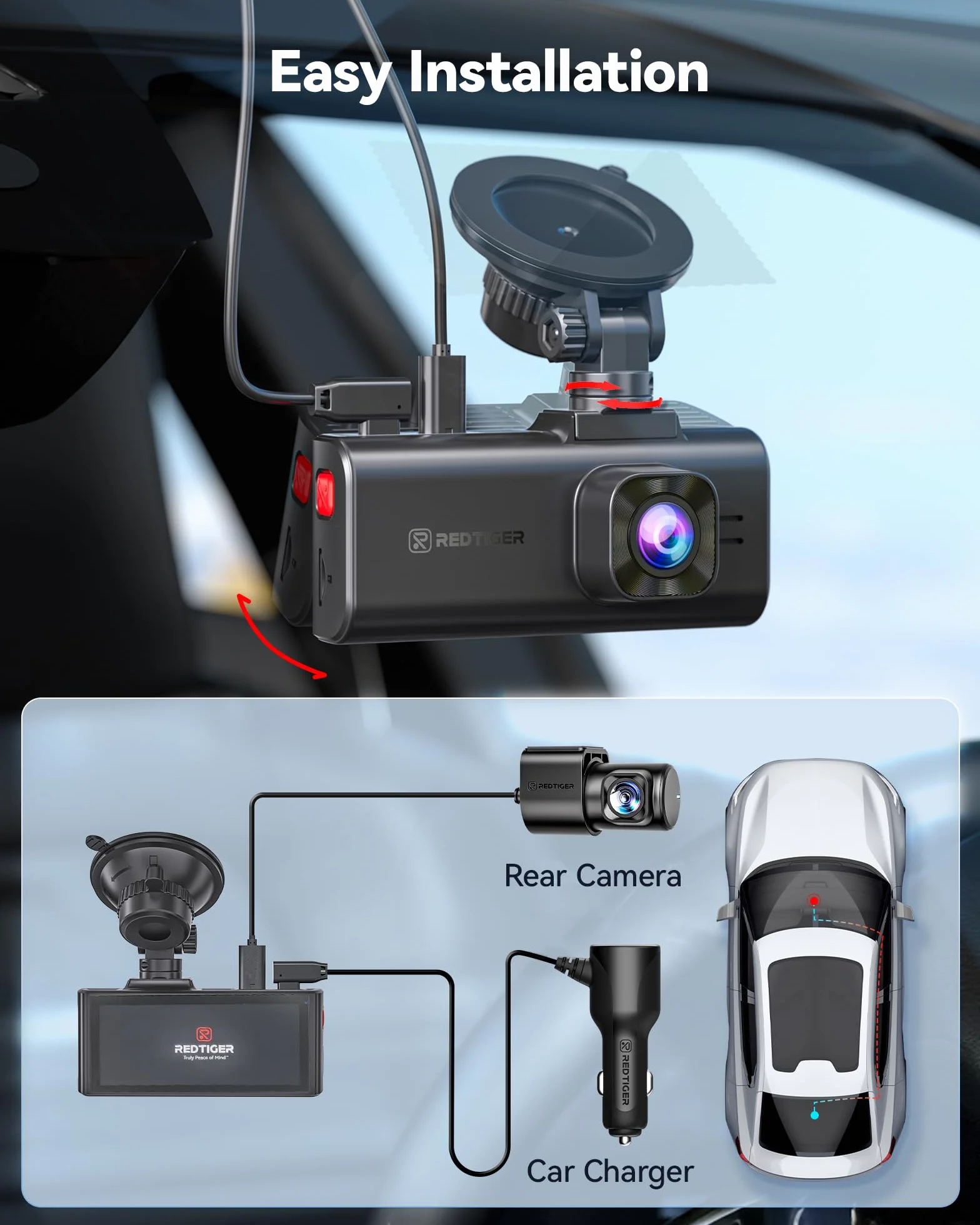 REDTIGER F7NA Podwójna kamera samochodowa 4K, STARVIS 2 IMX678, 8 MP, 5 GHz WiFi (szybkie pobieranie 20 MB/s), 4K przód 1080P z tyłu, GPS, sterowanie głosowe, WDR, noktowizor HDR, tryb parkowania 24H