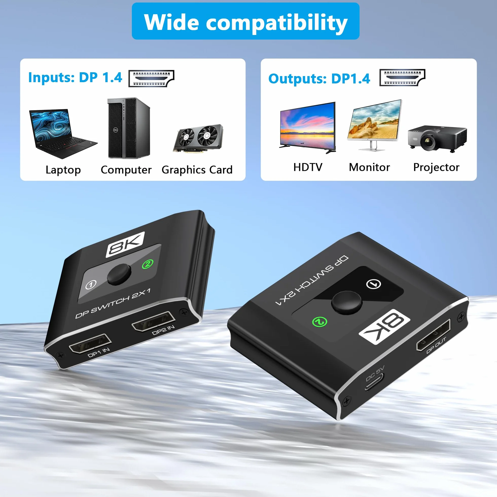 Przełącznik DisplayPort 2 w 1, przełącznik 8K przy 60 Hz DP 1.4 z obsługą DSC, 2 przełączniki komputerowe, jeden monitor, przełącznik portu wyświetlacza 4K przy 144 Hz do laptopów, komputerów