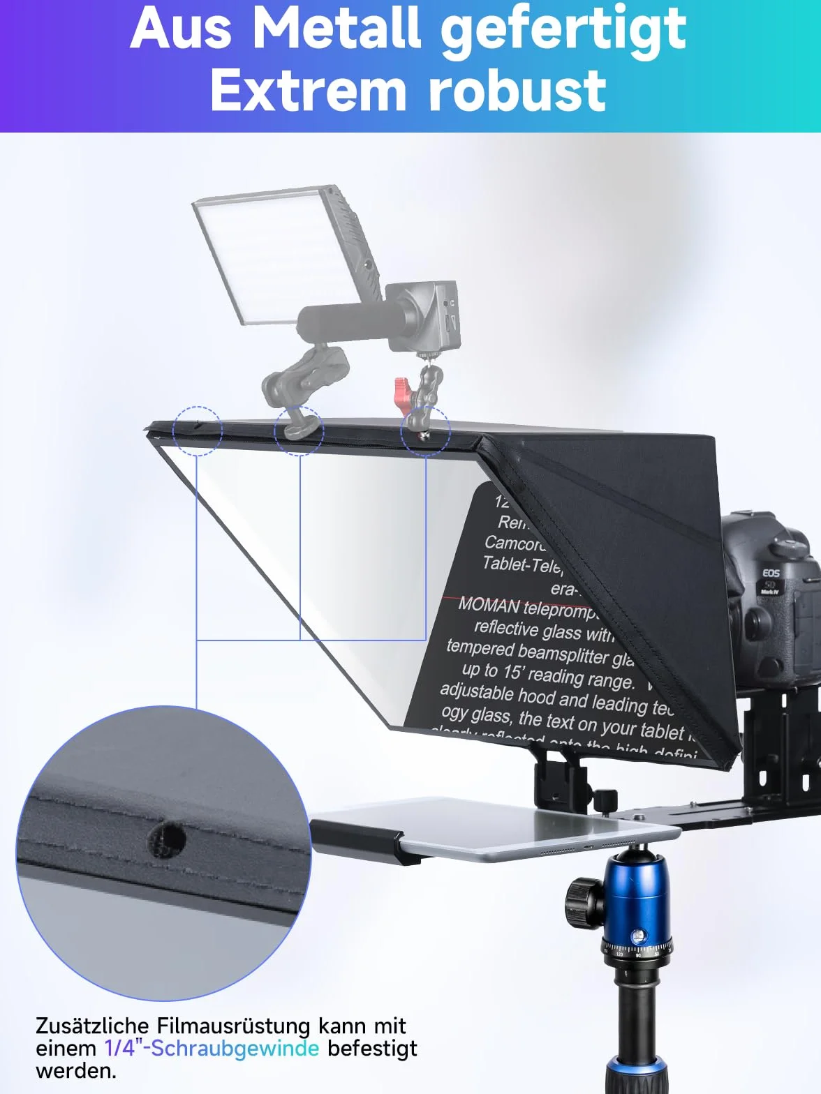 Teleprompter, Moman MT16 Prompter 16 cali, kompatybilny z iPadem / tabletem/smartfonem z aplikacją i zdalnie sterowanym nagrywaniem lustrzanek cyfrowych/kamer wideo, teleprompterów wideo