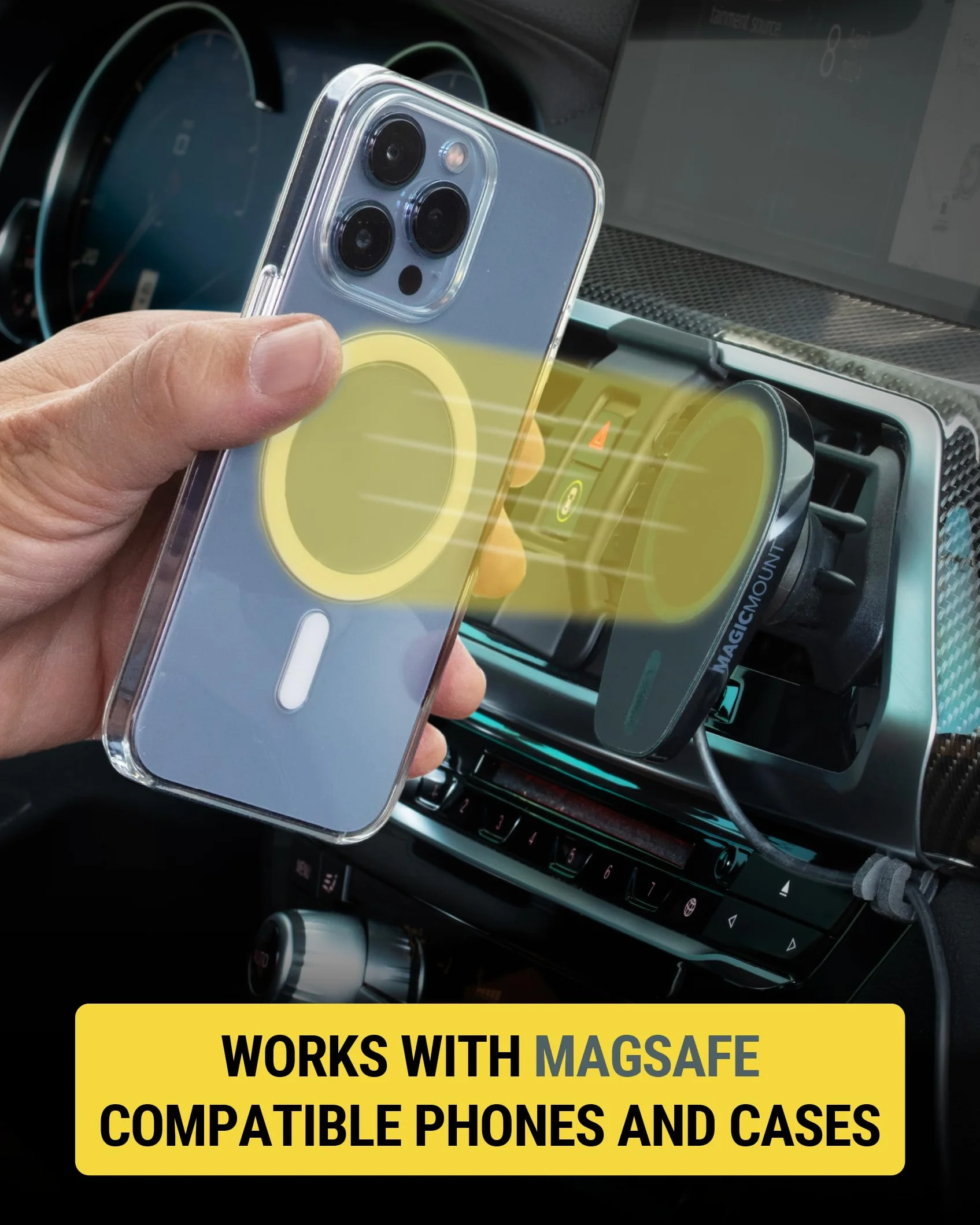 Scosche MPQ6DV-SP Magnetyczny uchwyt na telefon do deski rozdzielczej samochodowej/wentylacji, bezprzewodowa szybka ładowarka samochodowa 15 W, uchwyt na telefon komórkowy bez użycia rąk, kompatybilny