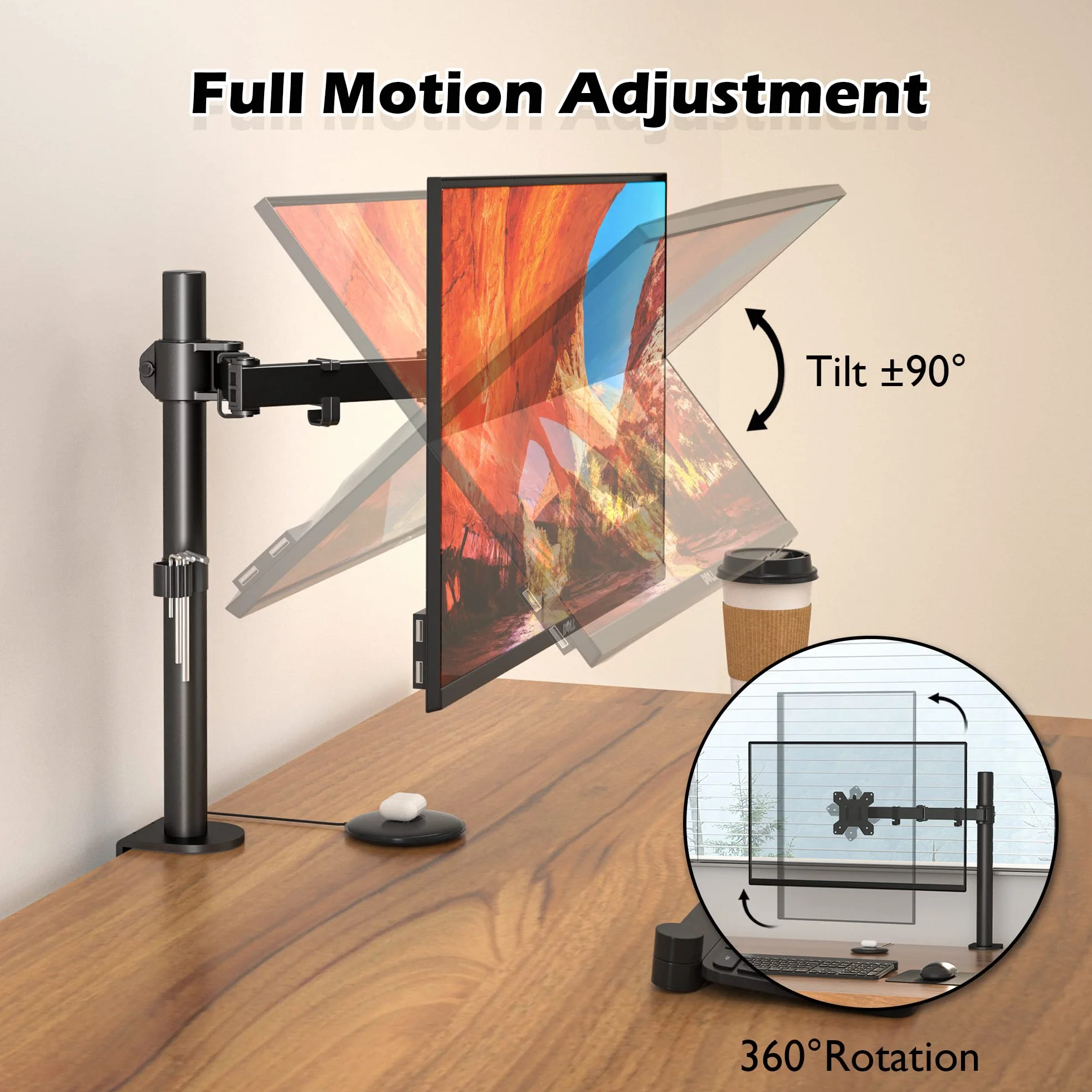 Bontec Uchwyt do monitora 13-32" do ekranów LED LCD do 10 kg, uchwyt stołowy do 1 monitora, z regulacją wysokości, nachylany, wychylny, 2 opcje montażu, VESA 75 x 75/100 x 100, czarny