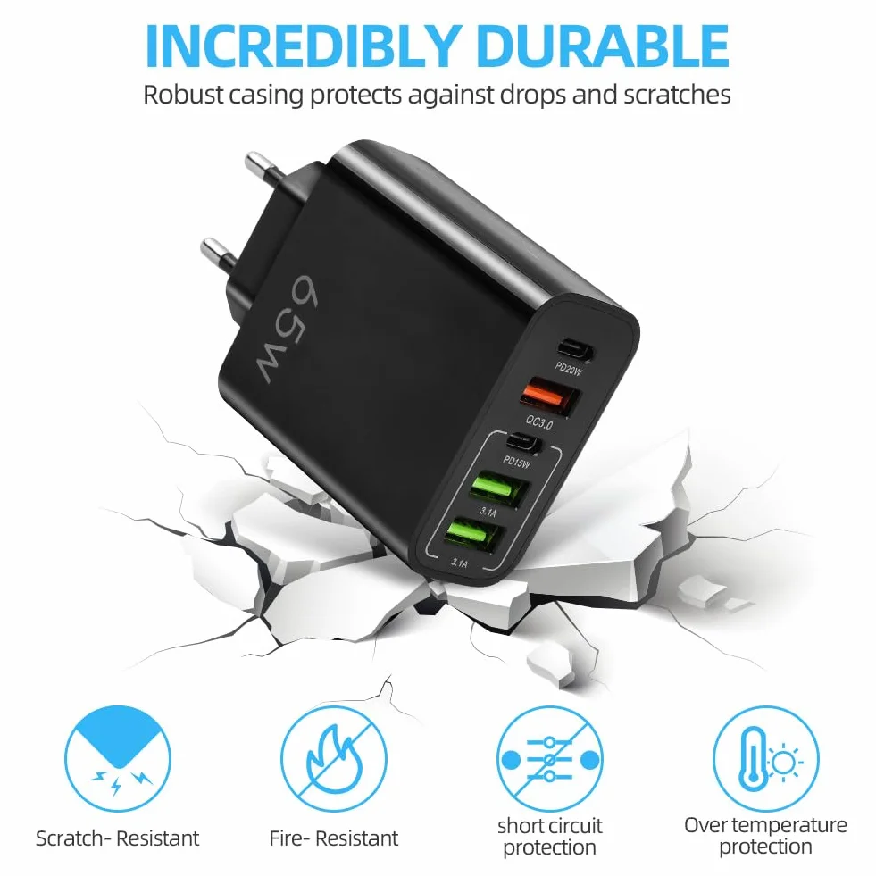 AXFEE szybka ładowarka USB C 65 W 5-portowa 2 USB C 2 USB QC 3.0 czarny