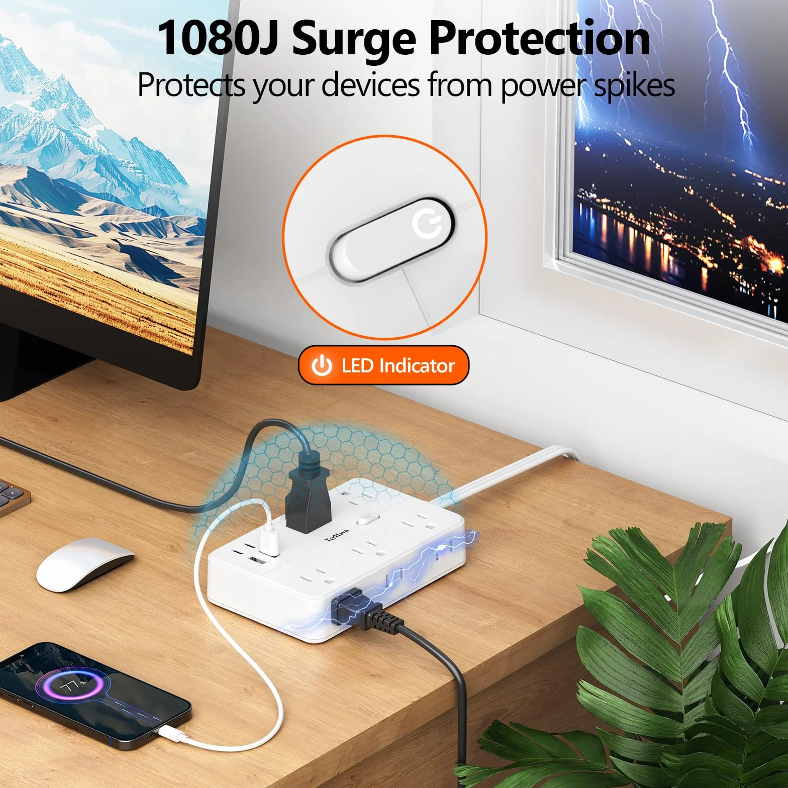 listwa zasilająca chroniąca przed przepięciem, płaski kabel przedłużający 1 stopę, 10 wyjść AC i 4 porty USB (5 V/3,4 A 17 W), 1080J, stacja ładująca do komputera