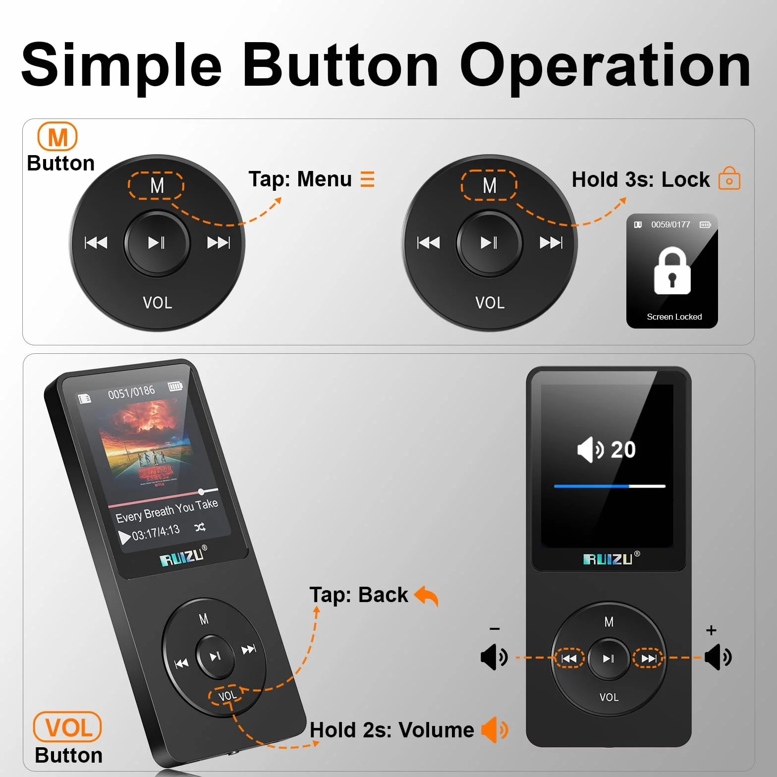 RUIZU 64GB odtwarzacz MP3 z Bluetooth 5.3, 1,8-calowy ekran, przenośny odtwarzacz muzyki, radio FM, nagrywanie głosu, 80H odtwarzanie audio i wideo, obsługa 128GB, kolor czarny