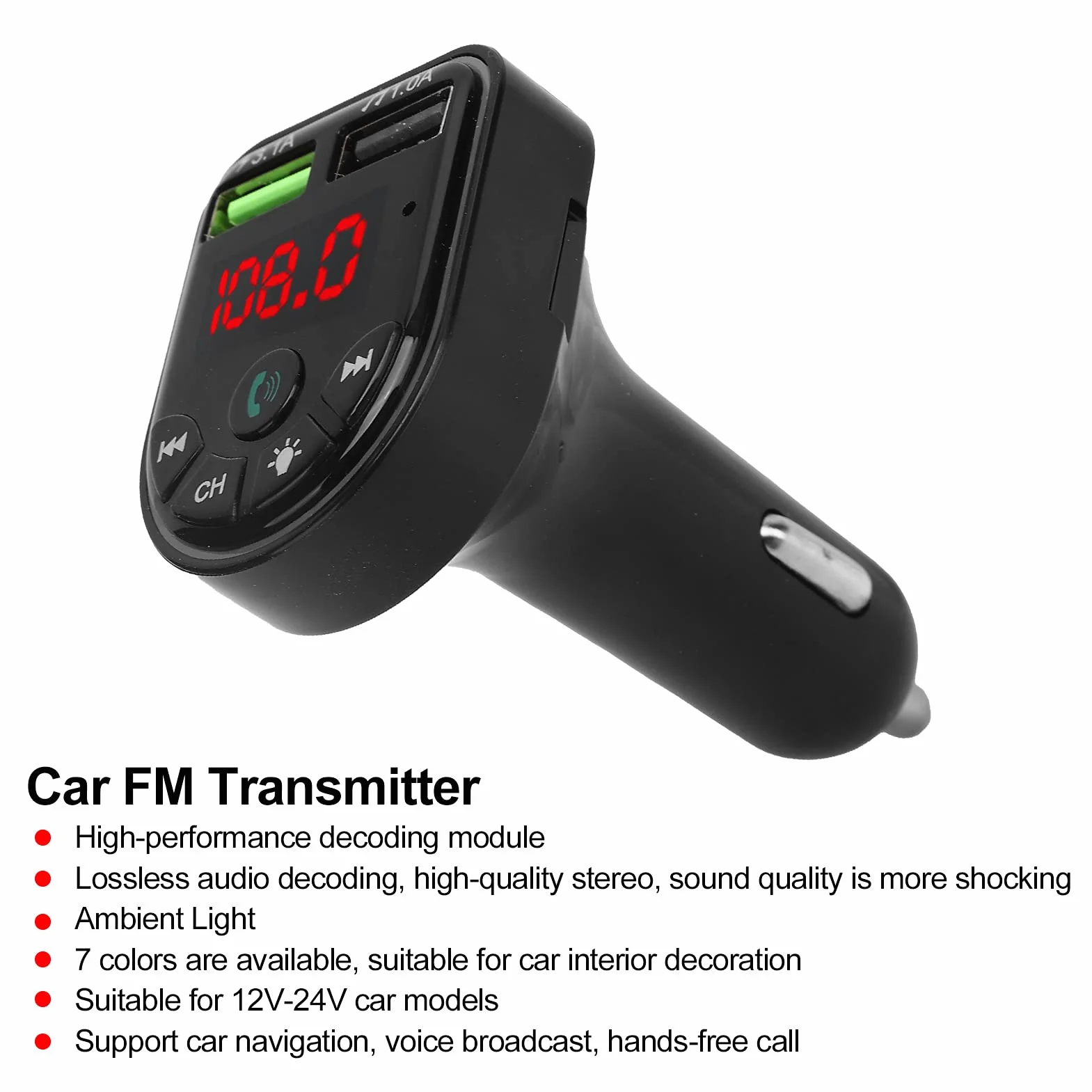 Samochodowy Nadajnik FM Bluetooth, Samochodowy Nadajnik FM Bluetooth 5.0 Odtwarzacz MP3 USB2.0 Ładowanie Telefonu z Kolorowym Oświetleniem Otoczenia, do Jazdy