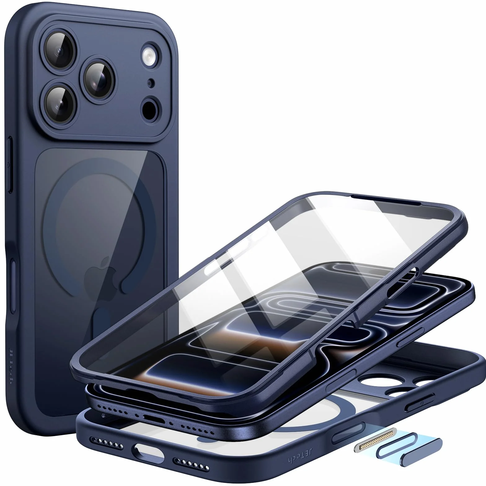 JETech Etui dla iPhone 17 Pro Max 6,9 Cala z Wbudowany Ochraniacz Ekranu Hartowane i Przycisk Sterowania Aparatu, Kompatybilne z MagSafe, 360 ​​Stopni Pełne Osłona Ciała (Głębinowy błękit)
