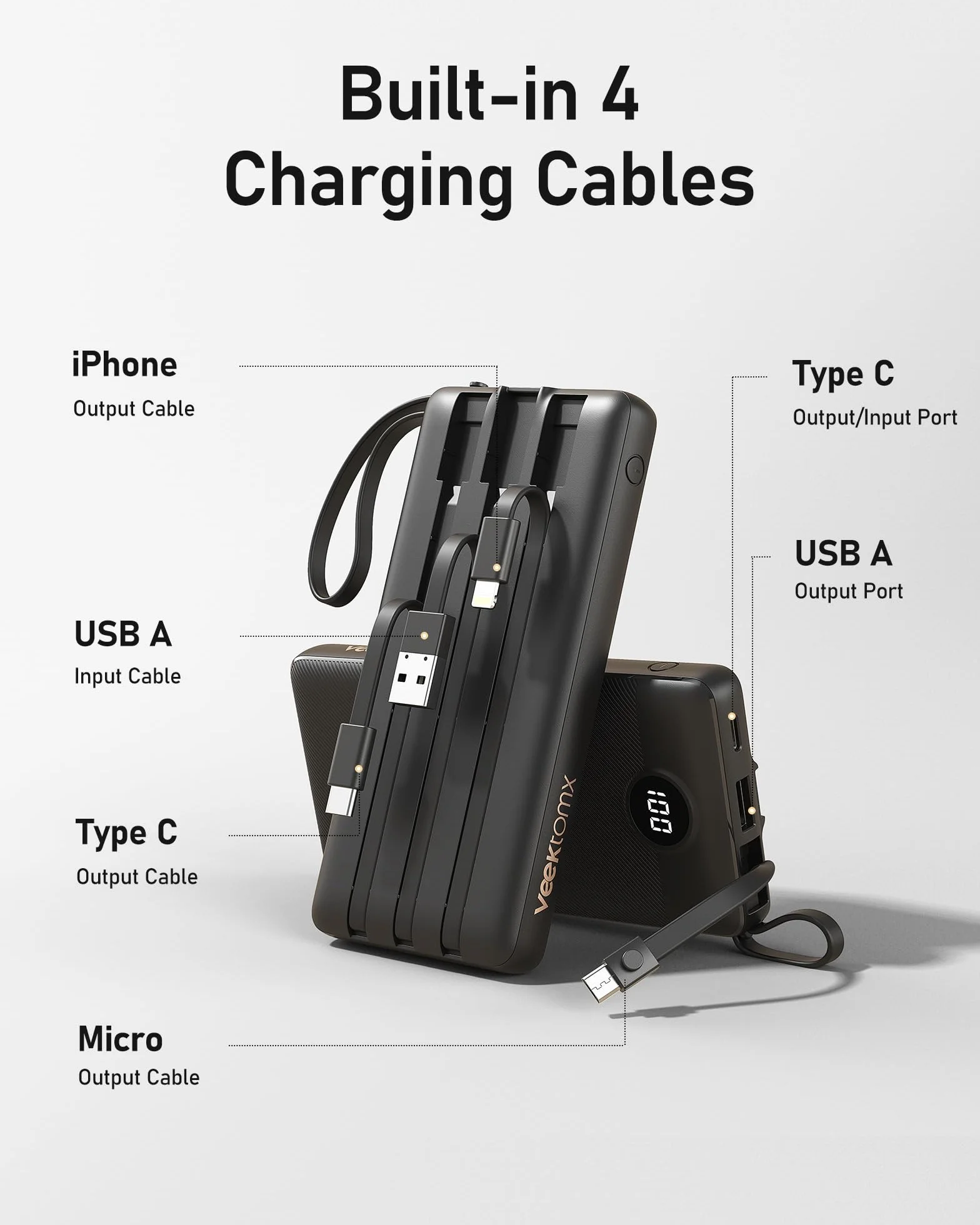 VEEKTOMX Power Bank 10000mAh Powerbank z wbudowanymi kablami, przenośna ładowarka USB C 2.4A szybkie ładowanie przenośna ładowarka z 5 wyjściami i wyświetlaczem LED do iPhone'a 15 pro/iPad/Galaxy S22