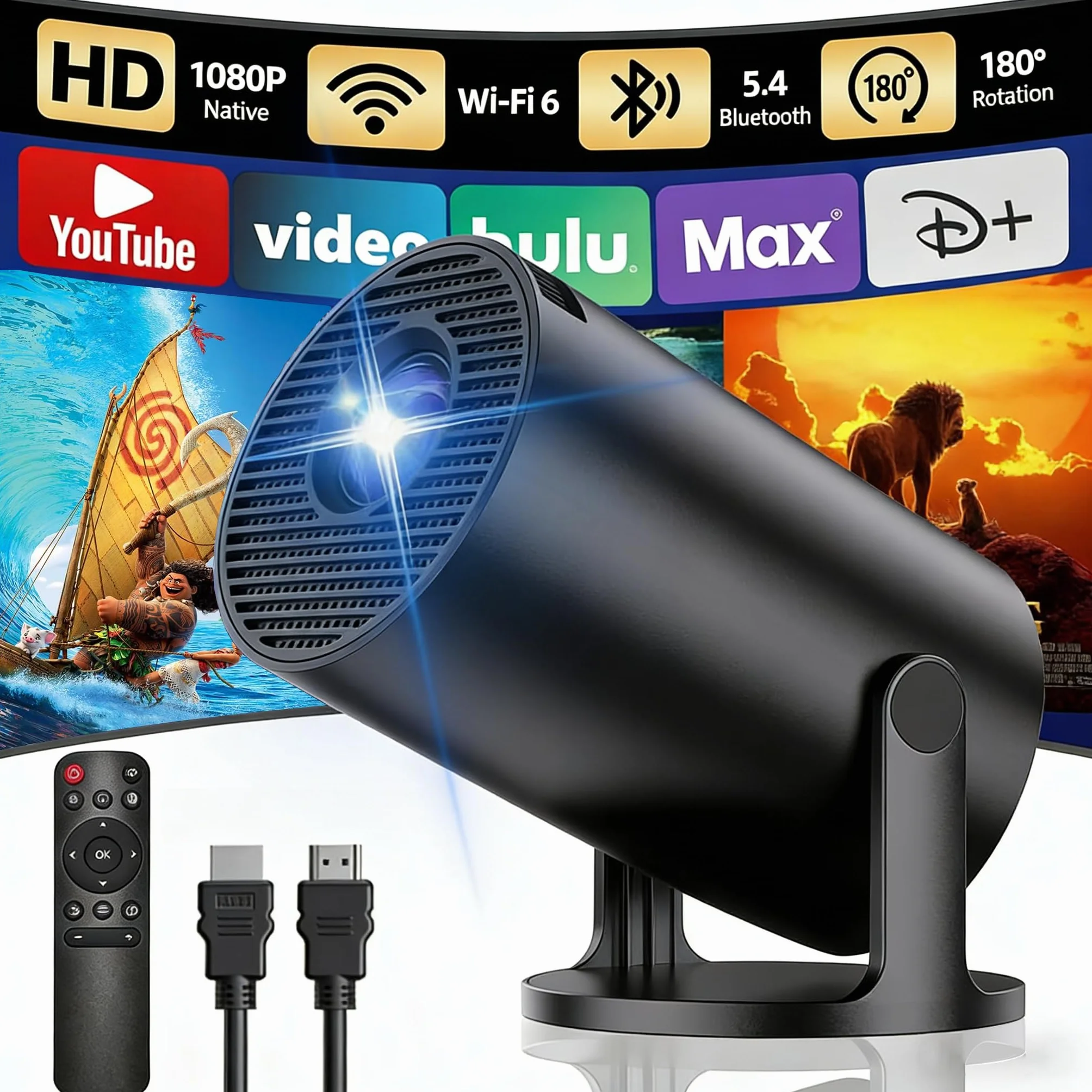 Przenośny rzutnik, Yoton Mini projektor z Wi-Fi 6/Bluetooth 5.4, bezprzewodowe odbicie ekranu (Android i iOS) obsługa 1080p, Auto Keystone, kompatybilny z HDMI, Native 720P, czarny