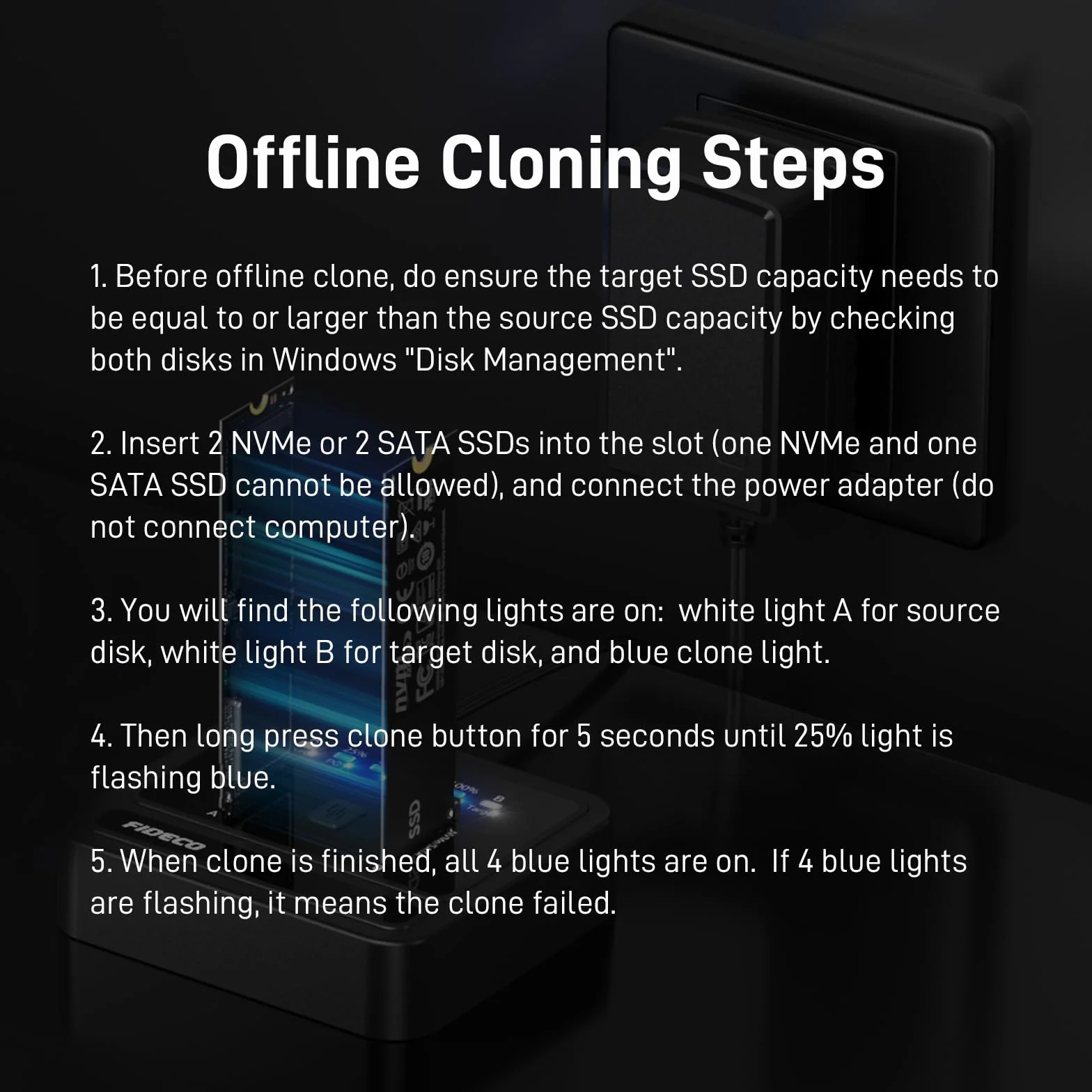 FIDECO M.2 NVMe SATA SSD Cloner Dock, USB 3.2 Gen 2 X 2, 20 Gb/s M.2 NVMe Cloner Duplicator, obsługa klonu offline, UASP i wykończenia, czarna