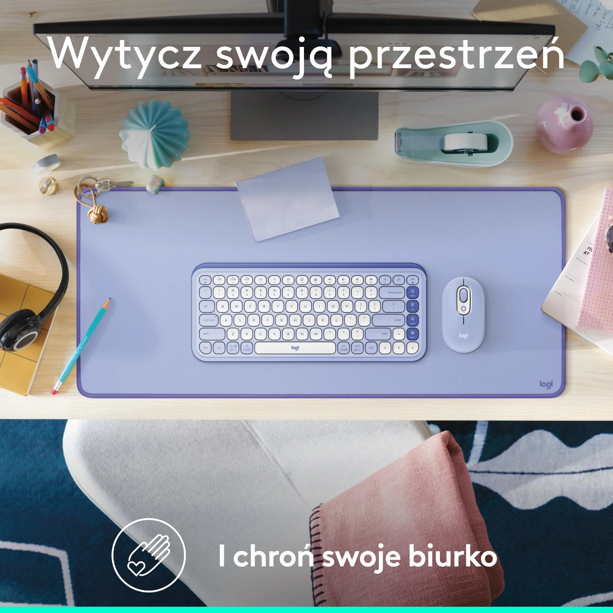 Logitech Desk Mat - Studio Series, Wielofunkcyjna duża mata na biurko, szeroka podkładka pod myszkę, antypoślizgowa, odporna na zalanie, trwały materiał - Liliowy