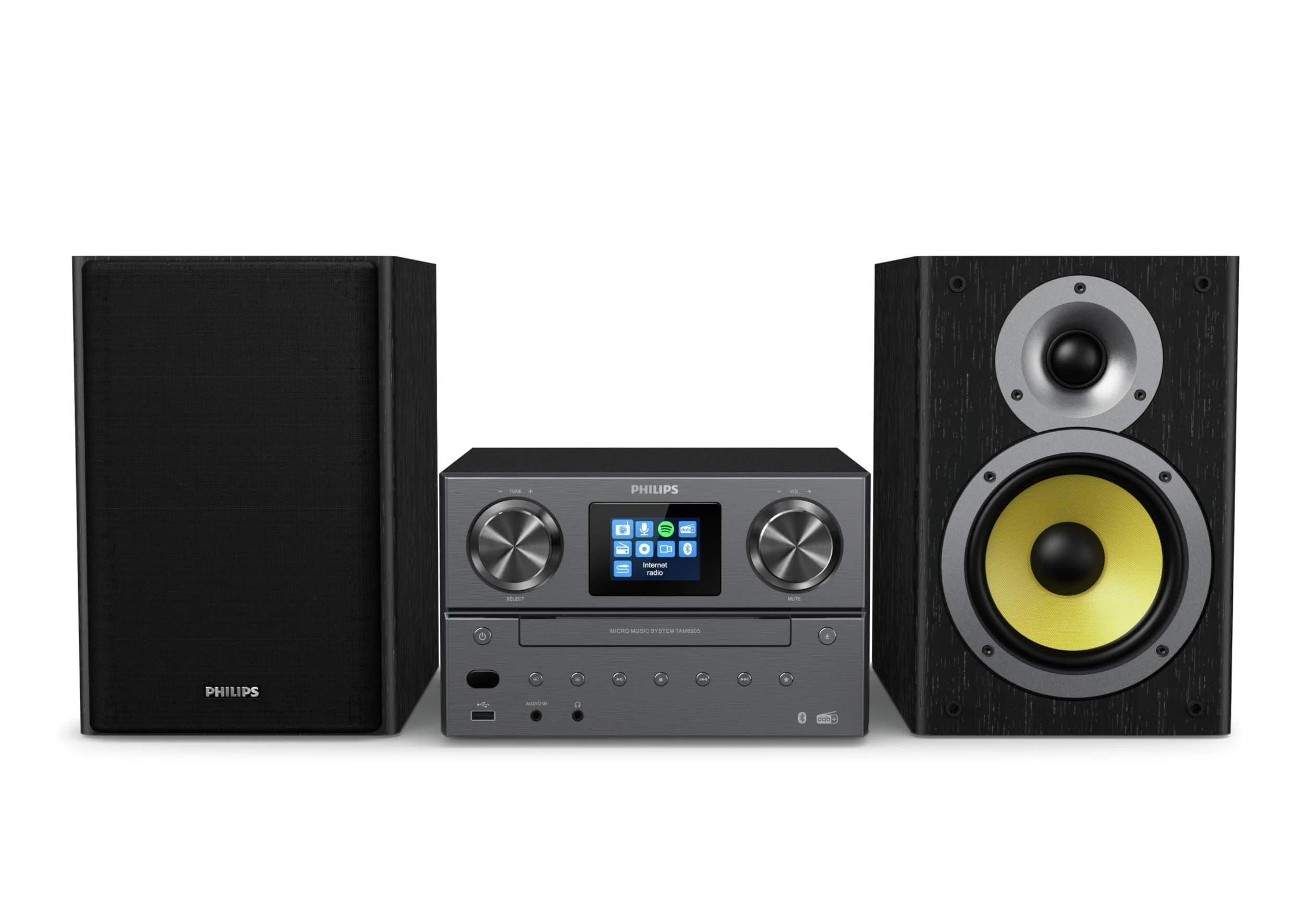 Philips M8905/10 mini zestaw stereo z Bluetooth i internetowym radiem DAB+/UKW (USB, Spotify Connect, CD, MP3-CD, 100 W, system głośników Bassreflex, cyfrowa kontrola dźwięku) – model 2020/2021