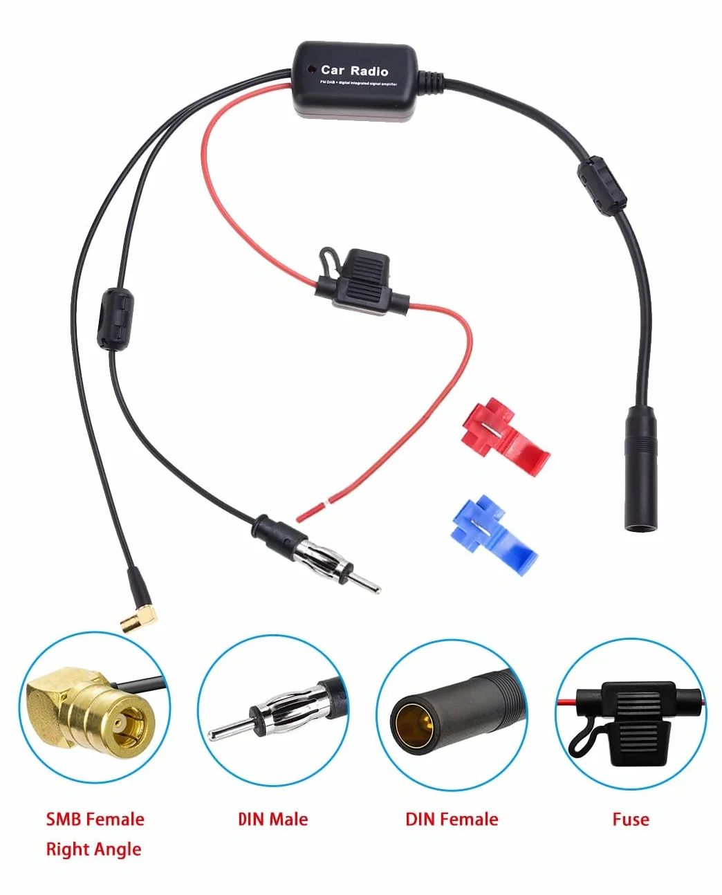 Vecys Wzmacniacz Sygnału Anteny Samochodowej FM/AM 12V Cyfrowy Booster DIN Żeński do DIN Męski do SMB Żeński Kątowy Adapter