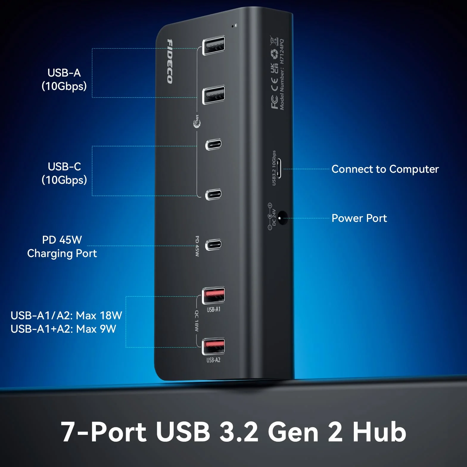 FIDECO 7-portowy hub USB 72 W, hub USB C z 1 PD 45 W, 2 portami ładowania QC 3.0 i 4 portami USB 3.2 (2 USB A + 2 USB C), aluminiowy hub USB 10 Gb/s do laptopa, komputera, MacBooka, iPhone'a 17/16/15