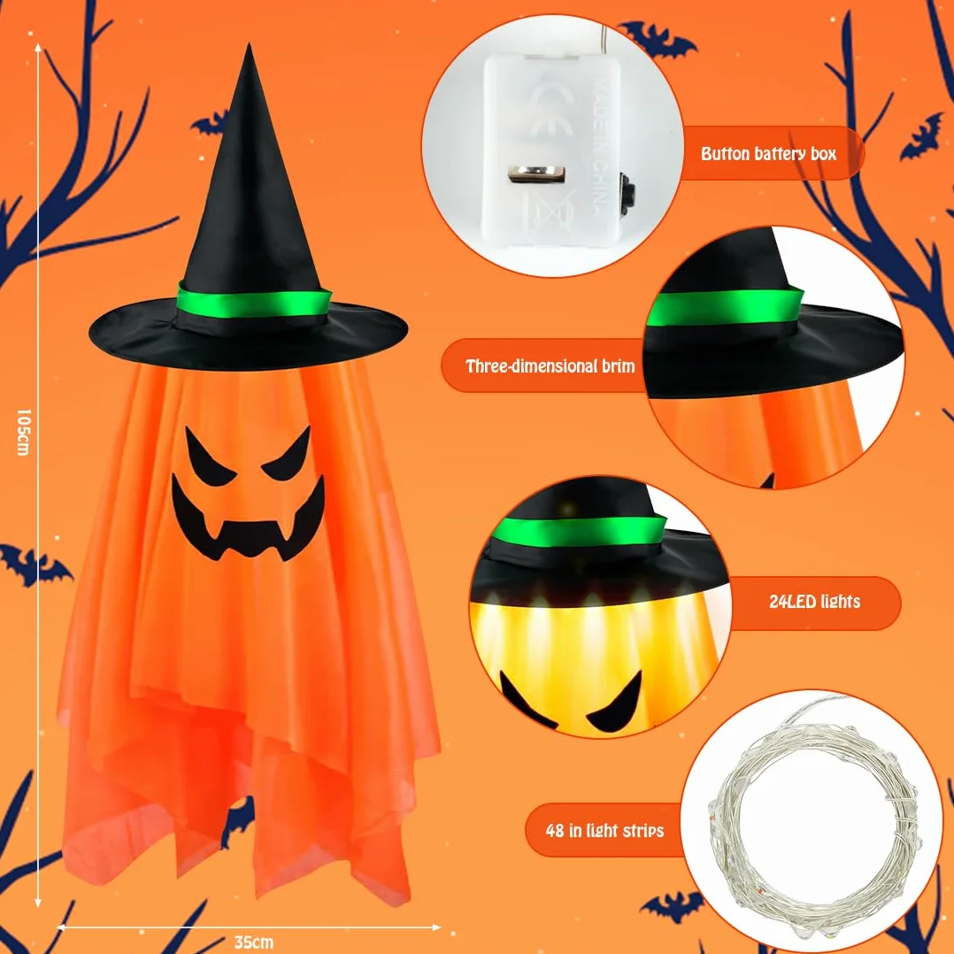 Dekoracje Ogrodowe Halloween Wiszący Duch LED Pomarańczowe Światło Ghost Windsocks