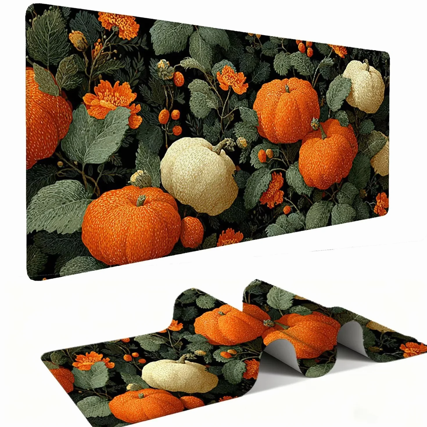 Podkładka pod mysz do gier, XXL Duża podkładka pod mysz do gier 120 x 60 cm grubość 3 mm, antypoślizgowa i wodoodporna podkładka komputerowa z krawędziami na biurko do gier, biura/domu, (kwiaty dyni