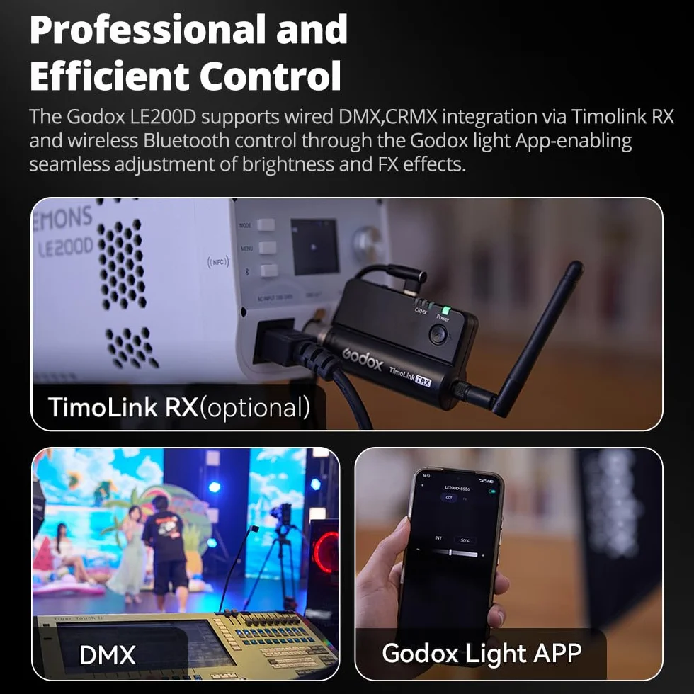 Godox LE200D lampa wideo LED 220 W ze światłem ciągłym, 5600 K, CRI 96, 63 500 lx, wysoka moc świetlna, złącze Bowensa, sterowanie DMX/Bluetooth, 7 efektów specjalnych, do fotografii studyjnej i