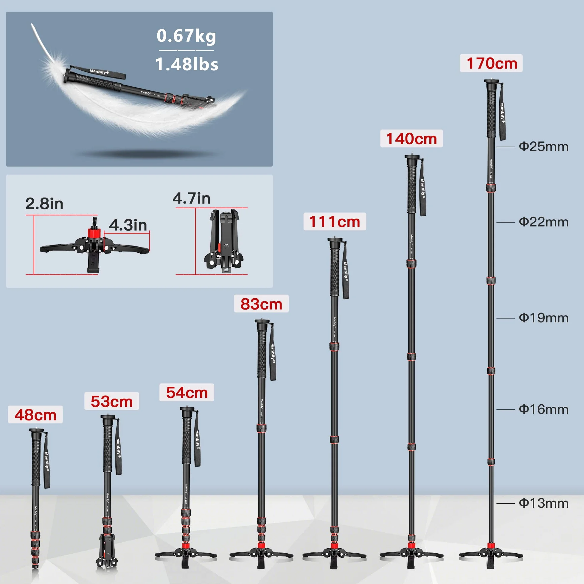 Manbily Wysuwany aluminiowy monopod z nóżkami, przenośny monopod podróżny ze zdejmowaną podstawą statywu do kamery wideo DSLR Canon Nikon Sony, 5 sekcji, do 170 cm, maksymalne obciążenie 7 kg (A-222)