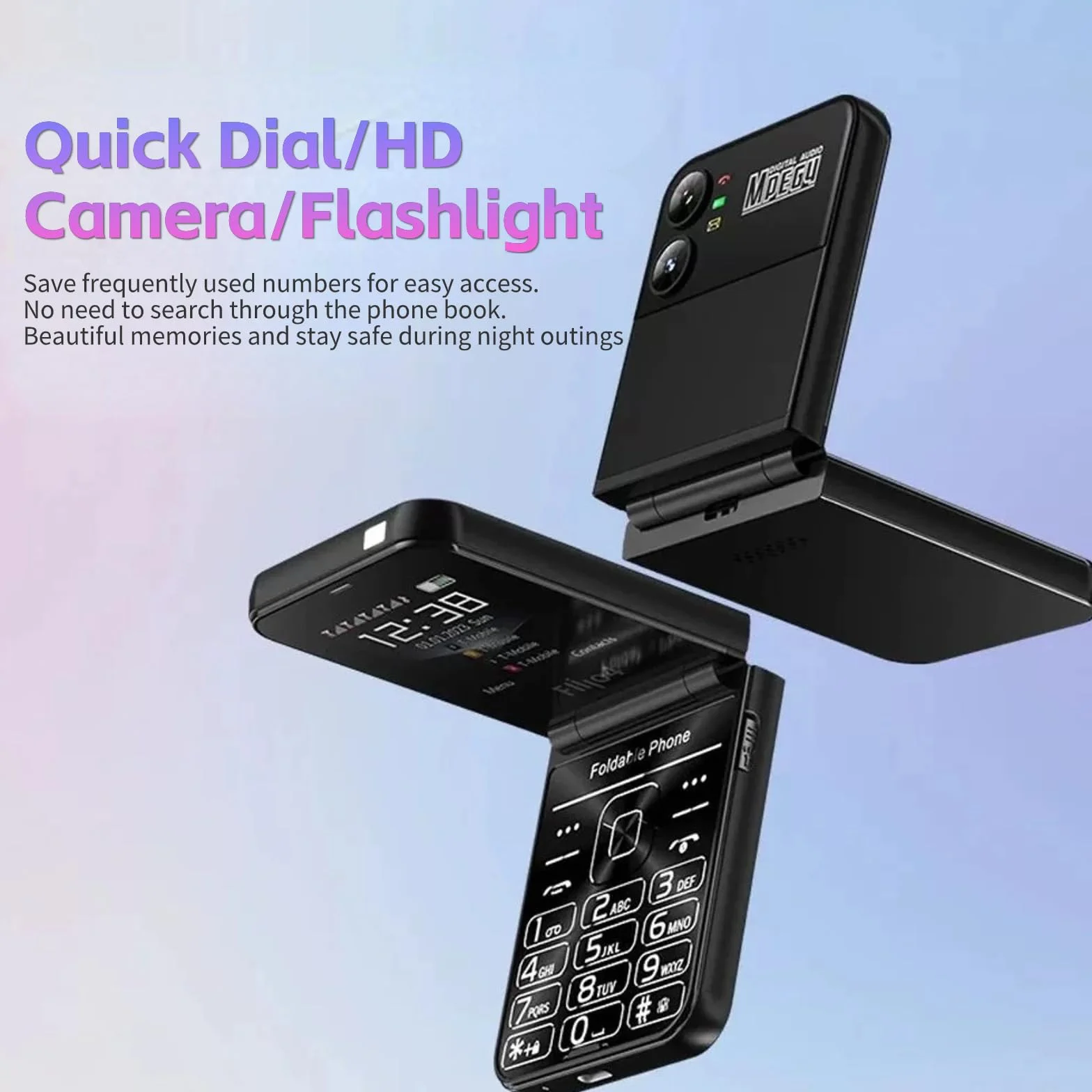 Telefon komórkowy dla seniorów z klapką, konstrukcja z klapką, podwójny ekran, duże przyciski, szybkie wybieranie, czysty dźwięk, kamera HD, latarka LED (niebieska)