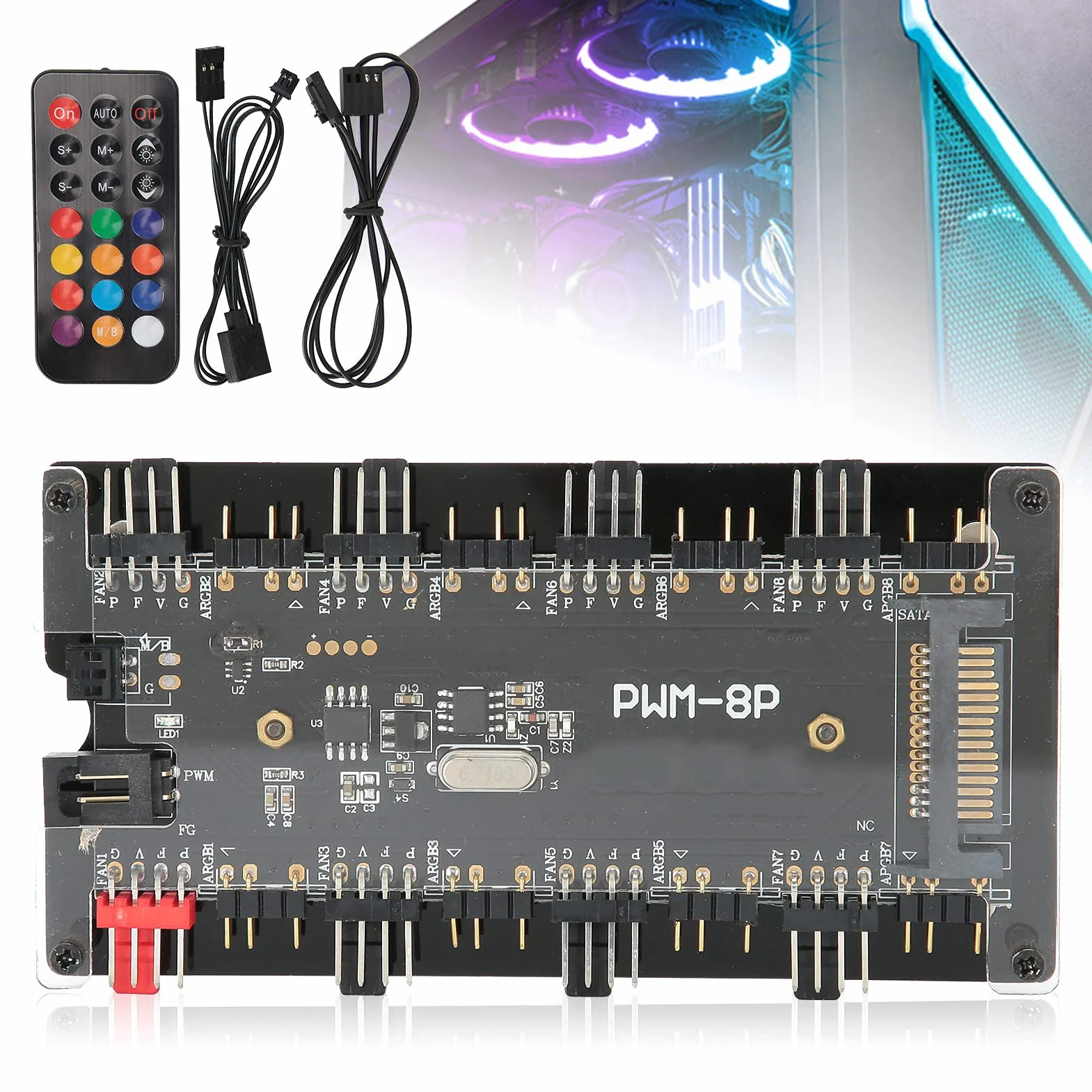 Ejoyous 2 w 1 ARGB PWM Hub Wentylatora z Kontrolerem, PC RGB Kontroler Hub Wentylatora z 8 Portami Zasilania SATA, Obudowy, do Sterowania Wentylatorami Chłodzenia
