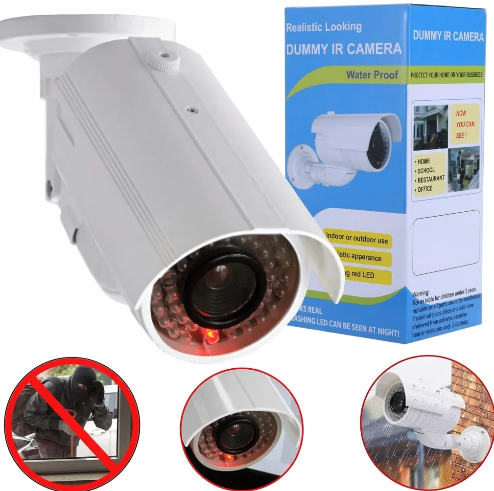 O&W Security Atrapa kamery do monitoringu – Dummy kamera CCTV z obiektywem, migającą diodą LED i czujnikiem ruchu, obudowa chroniąca przed warunkami atmosferycznymi z dachem przeciwdeszczowym