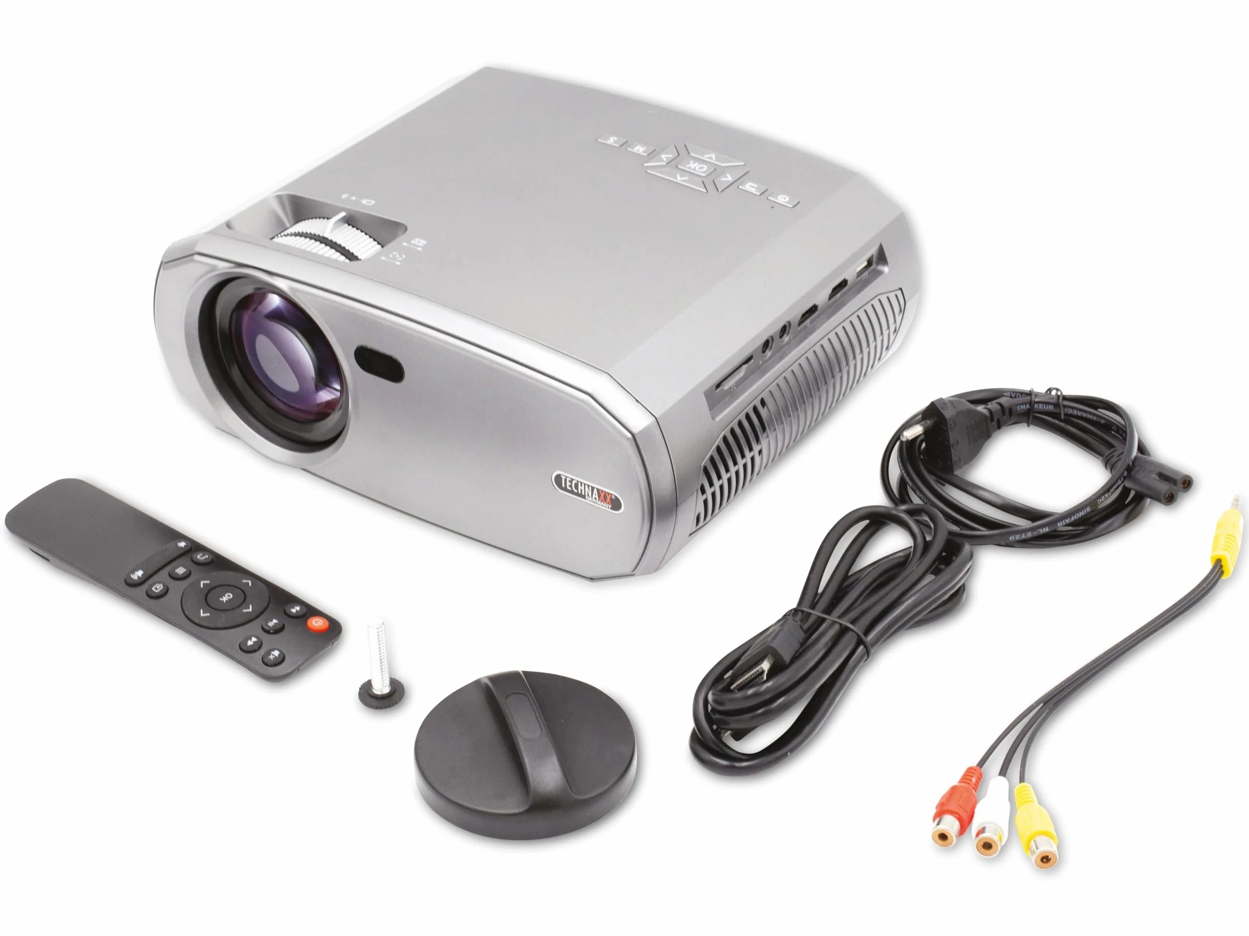 Technaxx Projektor do domu, biura, na zewnątrz - 1080P, głośnik, rozmiar projekcji 50"-200", czas trwania LED 40 000 godzin, odtwarzacz multimedialny, pilot zdalnego sterowania - przenośny projektor TX-177