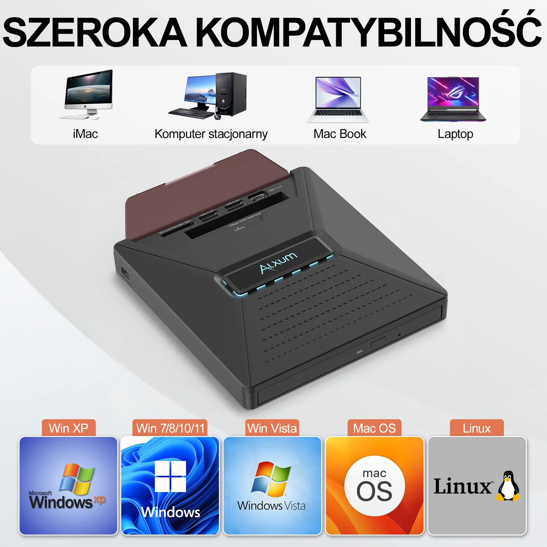 Alxum Zewnętrzny napęd DVD CD do laptopa, napęd CD zewnętrzny USB z interfejsem SATA, nagrywarka DVD zewnętrzna z czytnikiem kart SD/TF i portami USB, do laptopa, komputera, Windows, Linux, Mac OS
