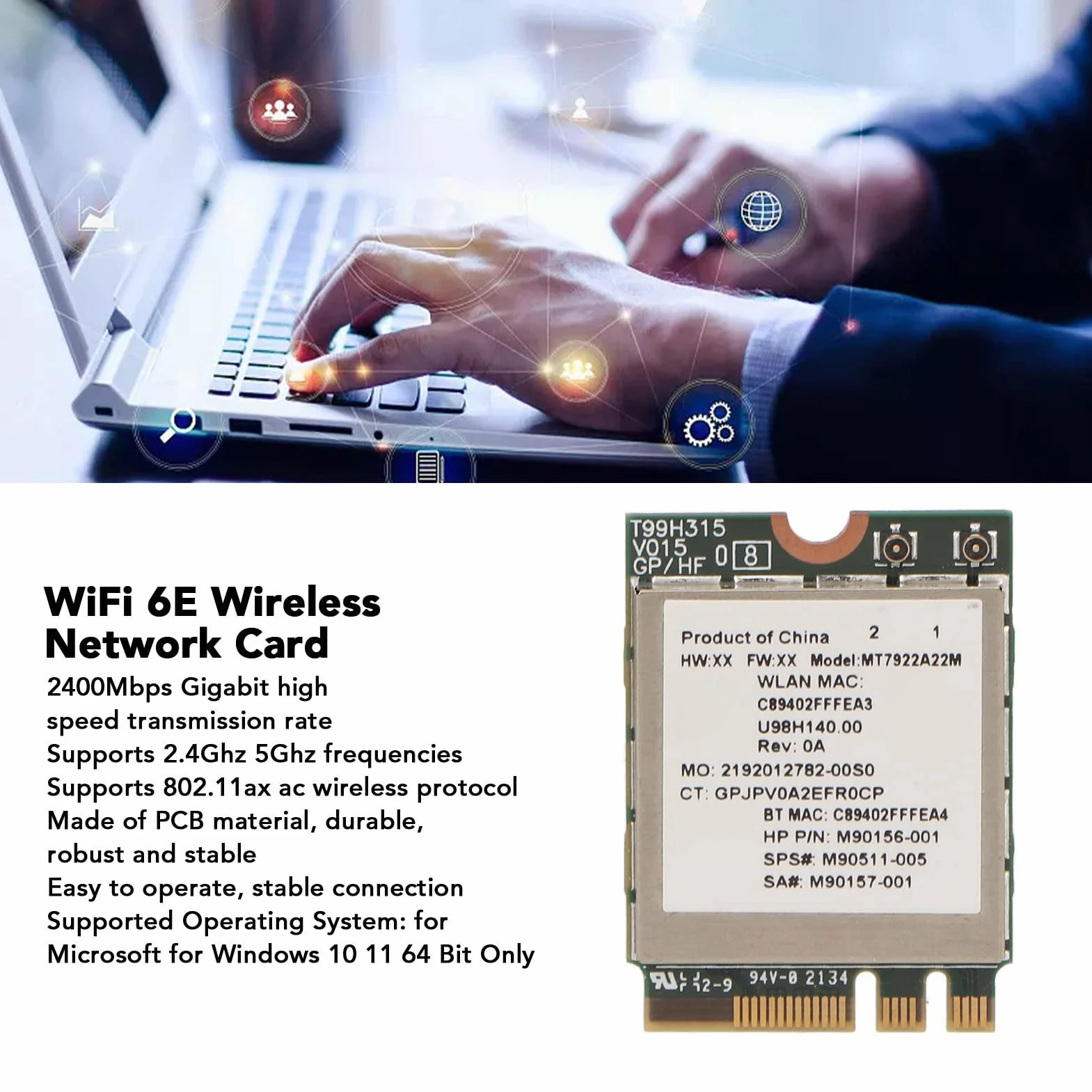 MT7922 Wi-Fi 6E Bezprzewodowa Karta Sieciowa 2400 Mb/s 2.4G/5G 802.11AX M.2 NGFF Bluetooth 5.2 MU-MiMO Adapter Karty Sieciowej