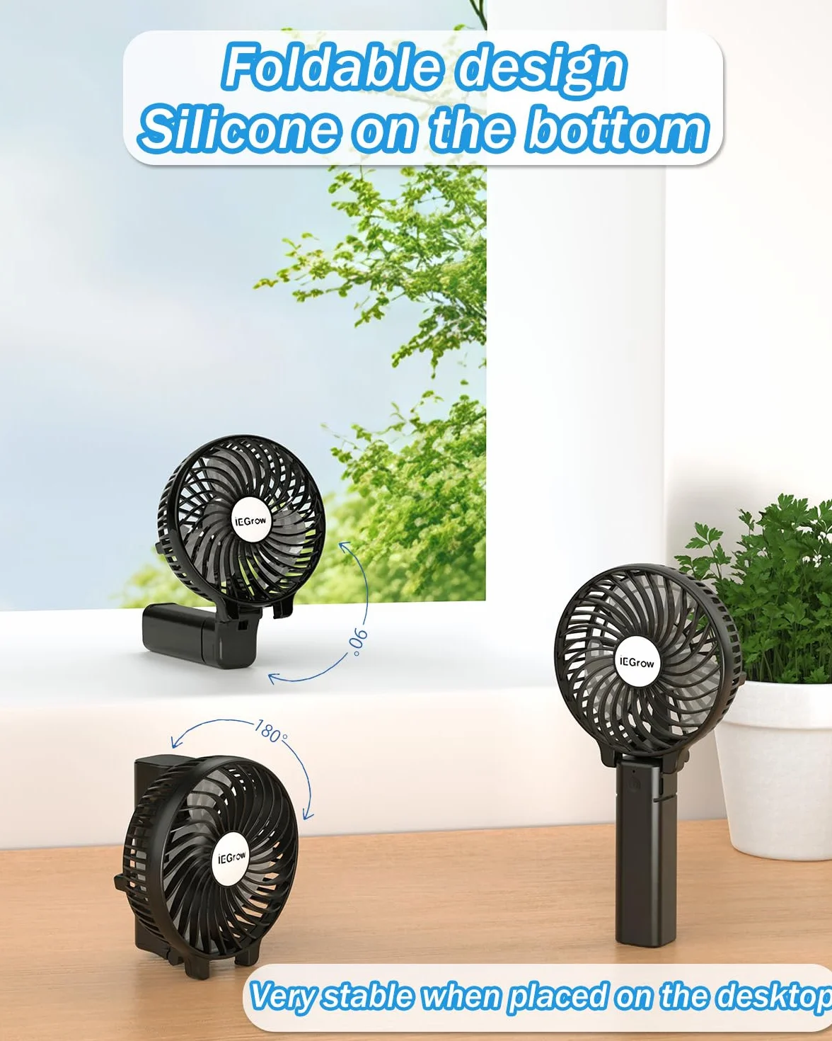 iEGrow USB Ventilator Leise Mini Handventilator Ventilatoren Lüfter mit Batterie Farbe (Schwarz)