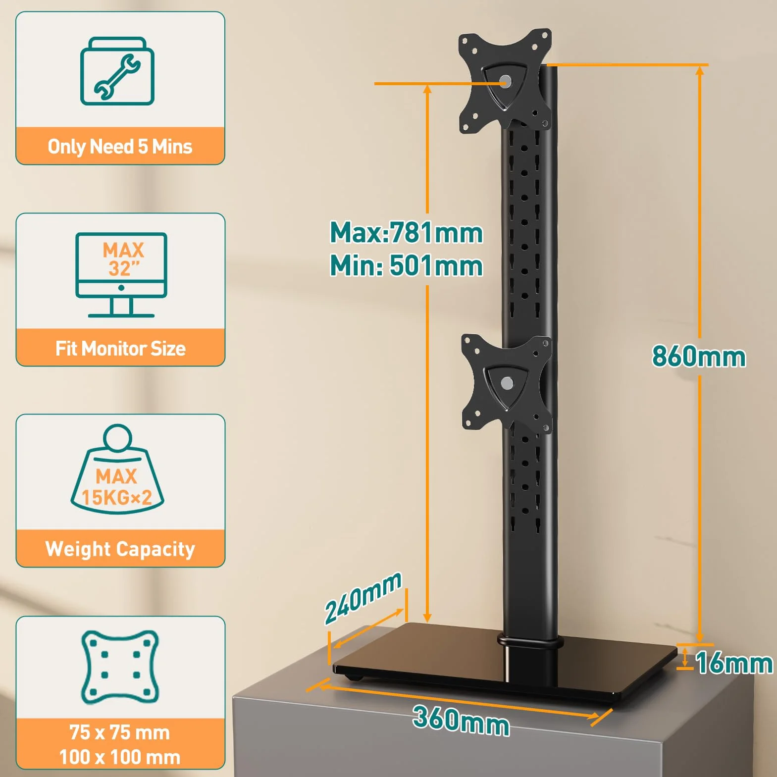 ELIVED Podwójny stojak na biurko, pionowe ramię monitora wolnostojące do większości monitorów 13–32 cale z VESA 75 x 75 / 100 x 100 mm do 15 kg, obrót o 360° regulowany uchwyt na monitor PC EV2012