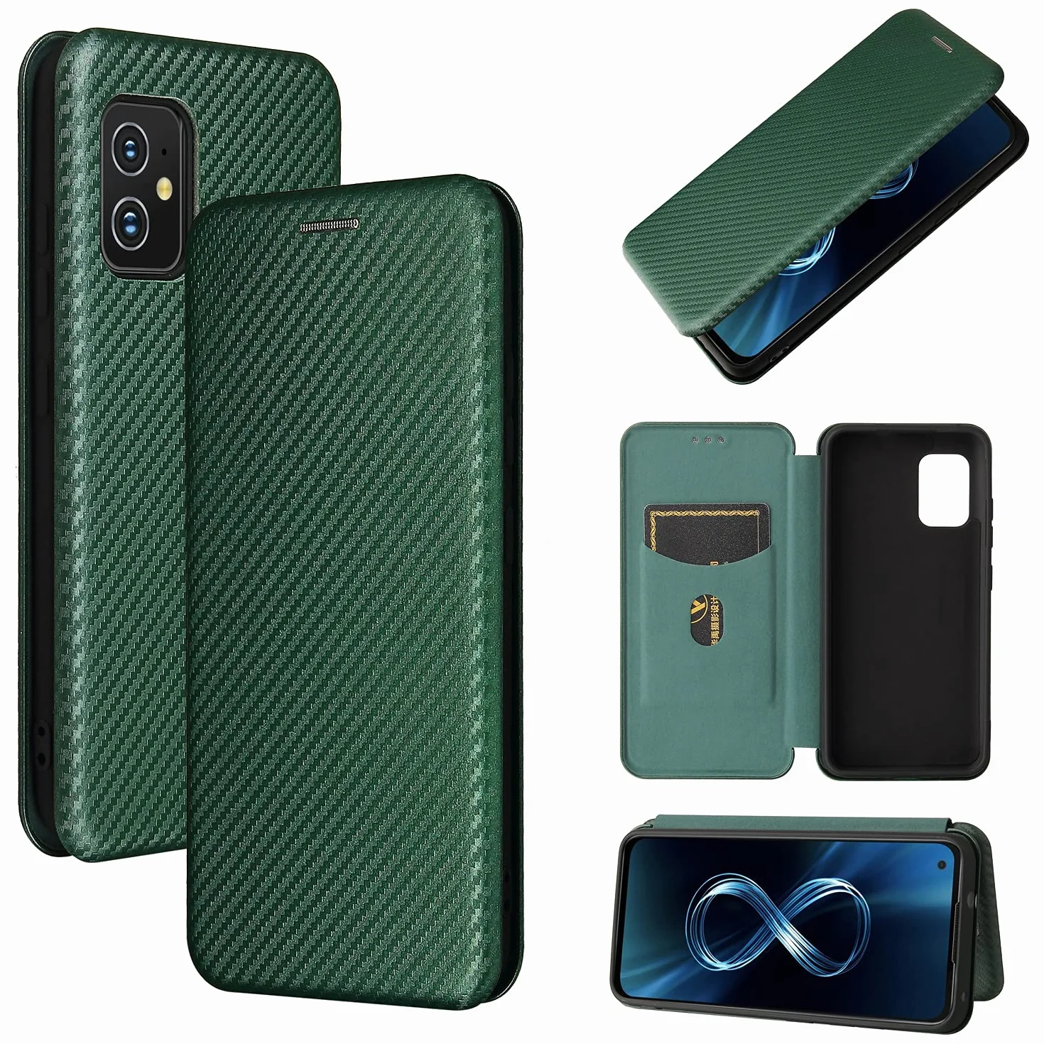 do Asus Zenfone 8 ZS590KS etui z klapką z włókna węglowego PU + TPU hybrydowe etui odporne na wstrząsy portfel pokrowiec z paskiem, podpórka