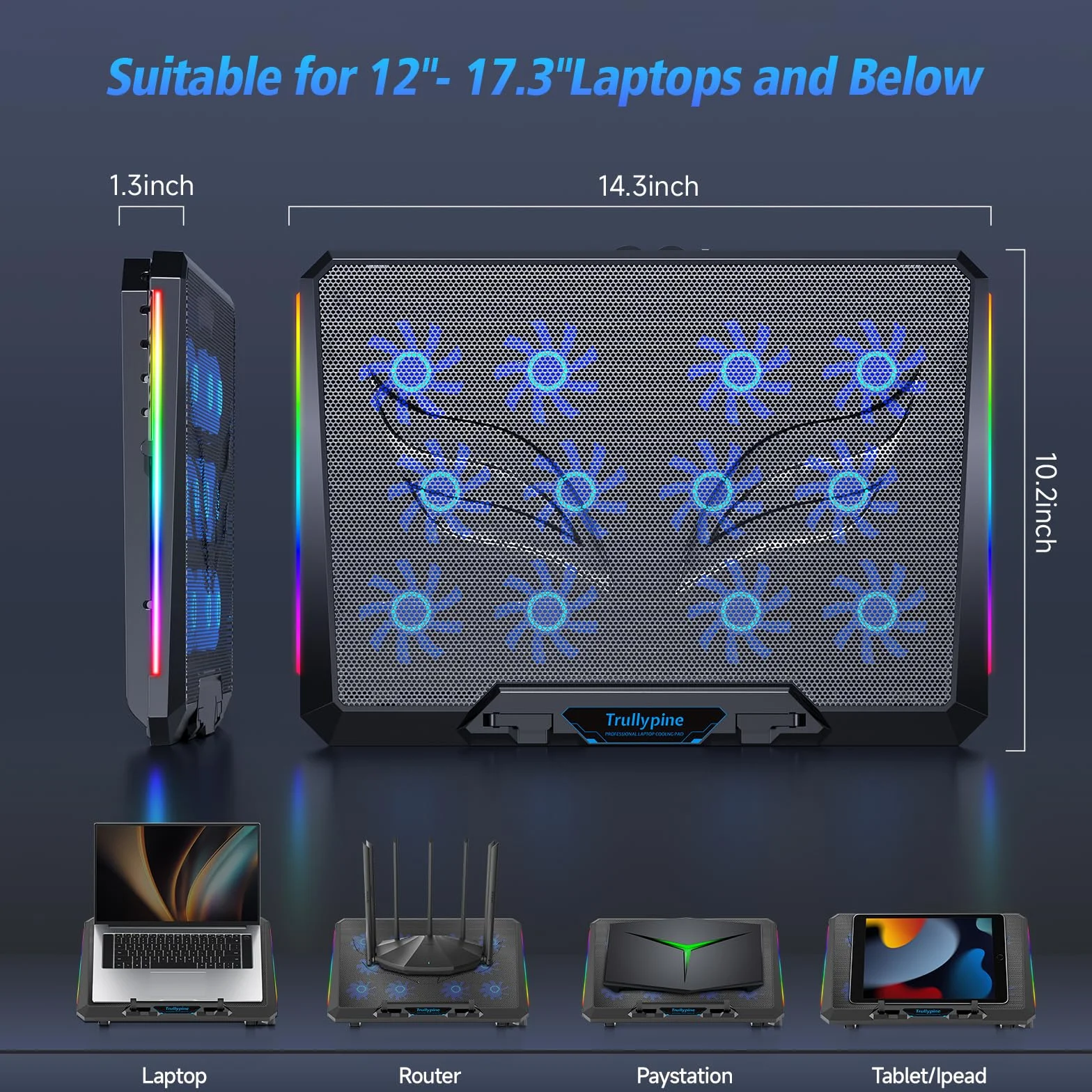 Podkładka chłodząca do laptopa, 12 cichych wentylatorów, smukły przenośny stojak chłodzący do laptopa 12-17,3 cala, 5 z regulacją wysokości, ergonomiczna podkładka chłodząca do gier, 2