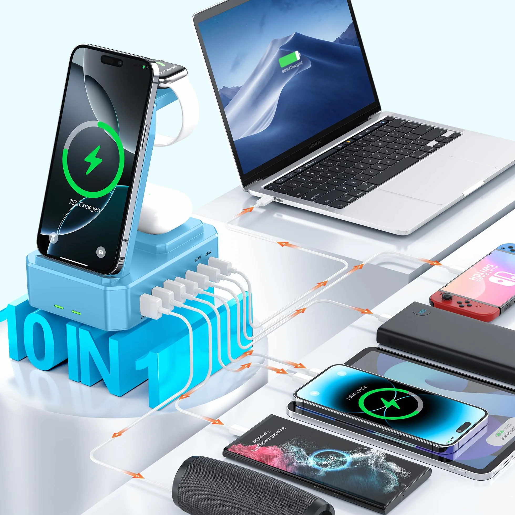 Stacja ładująca 300 W do wielu urządzeń Apple, bezprzewodowa ładowarka Zutspzss 10 w 1 do iPhone'a 16, GaN III USB C 65 W PD szybka stacja ładująca do Apple Watch i Airpods, niebieska