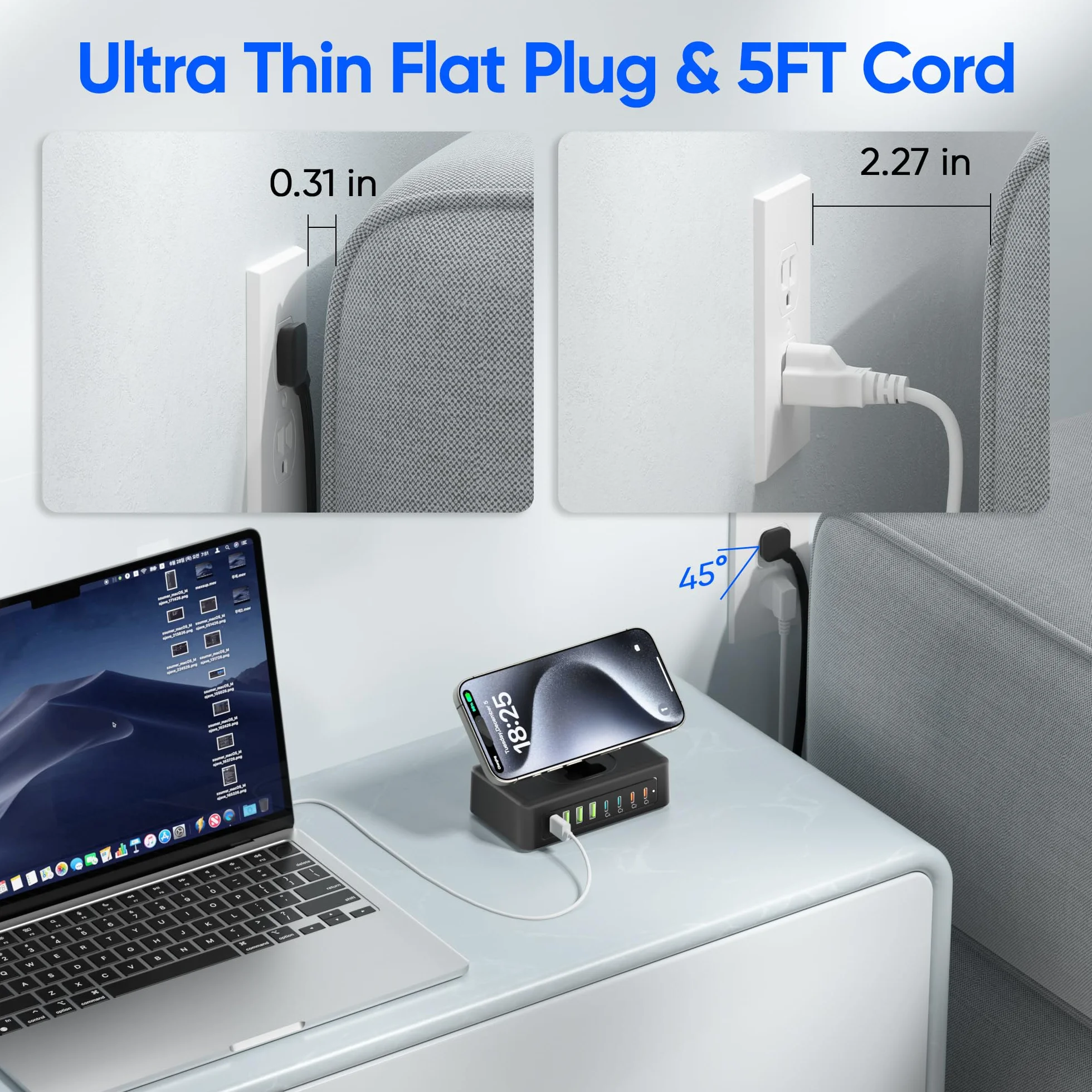 Stacja ładująca USB 300 W, listwa zasilająca USB C 11 w 1, 2 gniazda AC i 8 portów USB, płaski przewód przedłużający 1,5 m z wieloma urządzeniami, ładowarka biurkowa do domowego biura, akcesoria na