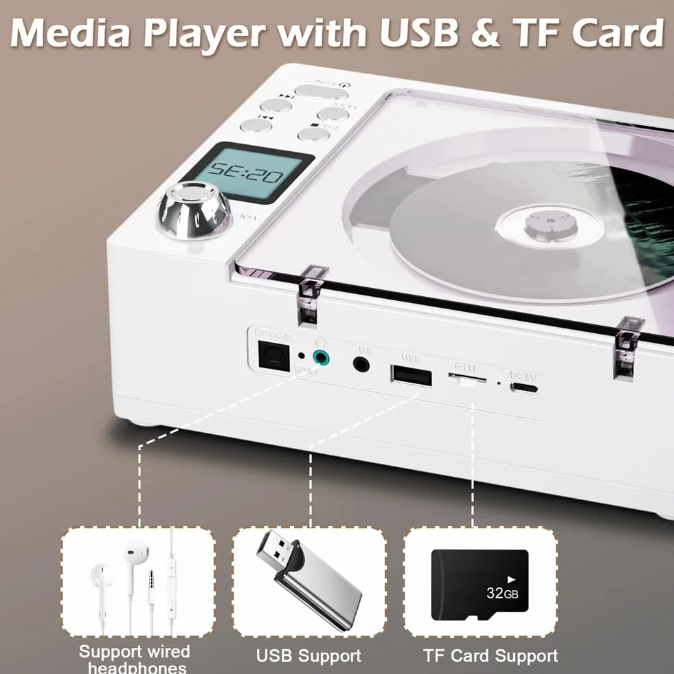 Hifi jakość dźwięku podwójny głośnik przenośny Bluetooth retro odtwarzacz CD Clayer, obsługuje kartę USB/TF / FM biały