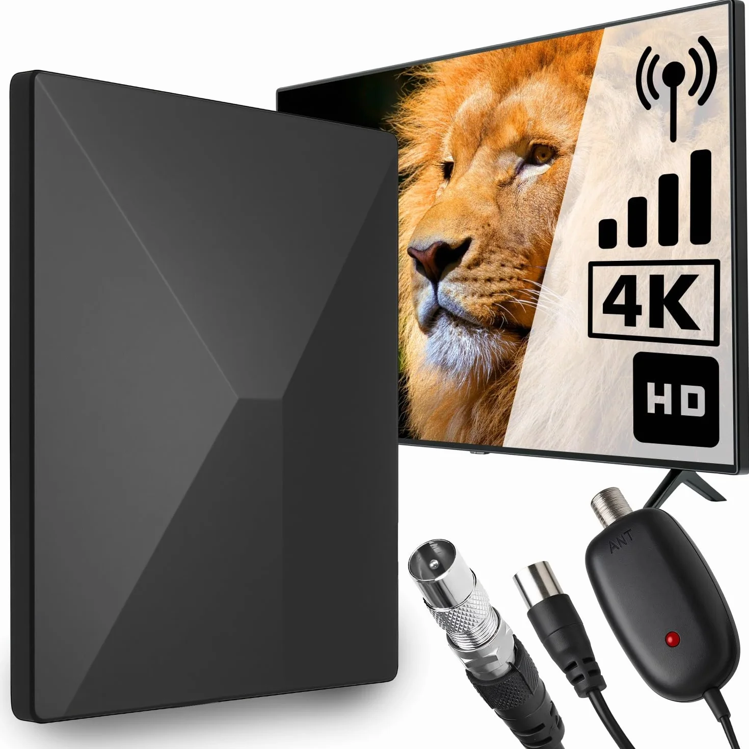 Retoo Antena DVB-T/DVB-T2 ze wzmacniaczem 35 dB, antena wewnętrzna do użytku wewnątrz i na zewnątrz, kabel 5m, odbiór 360°, antena TV do telewizora, dekodera i radia, UHF/VHF/FM, zasilanie DC 5 V