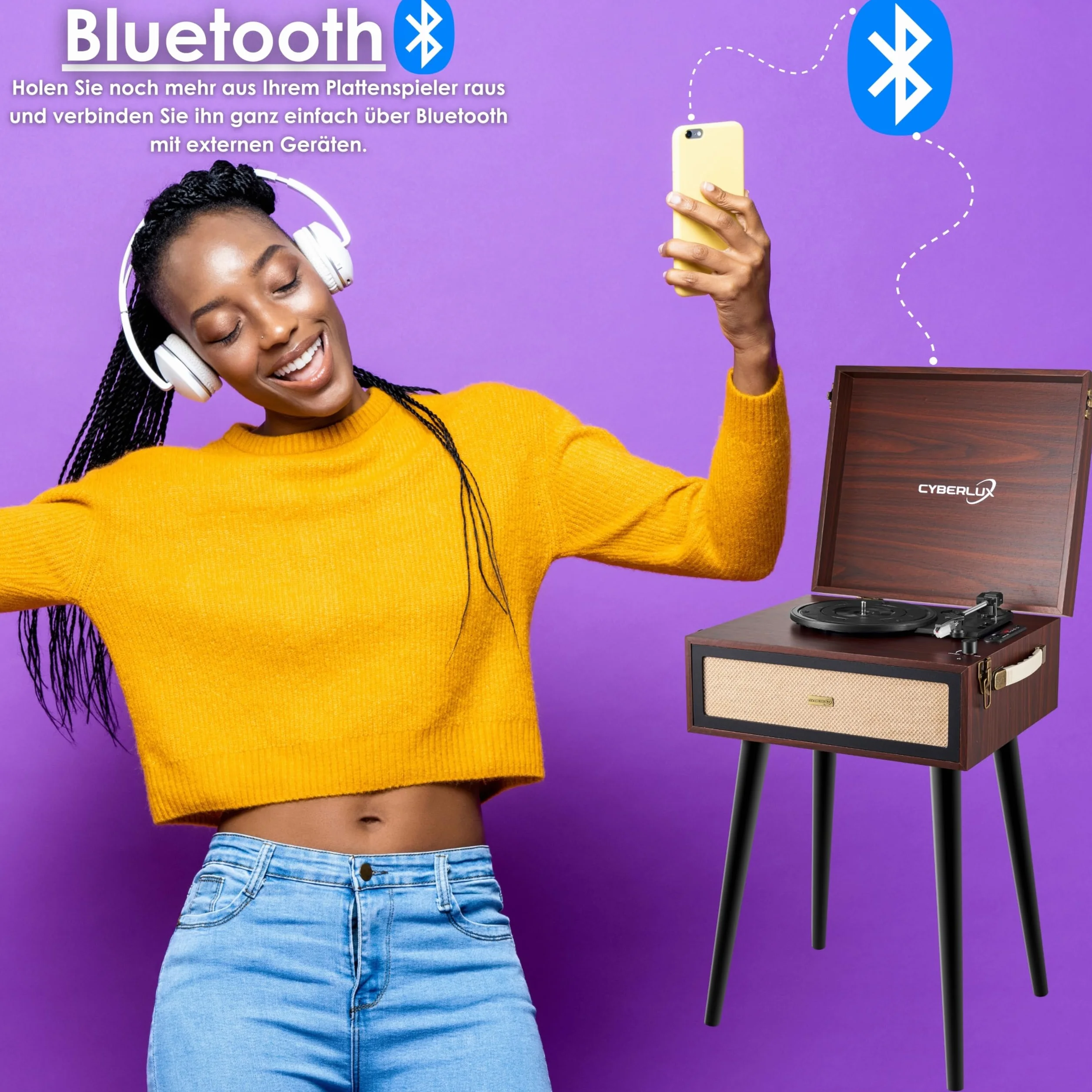 Retro Gramofon ze Stojakiem i Nóżkami - Głośnik Full Range Bluetooth, Radio FM, USB, Wyjście AUX IN, Micro SD - Winylowy Nostalgiczny Odtwarzacz